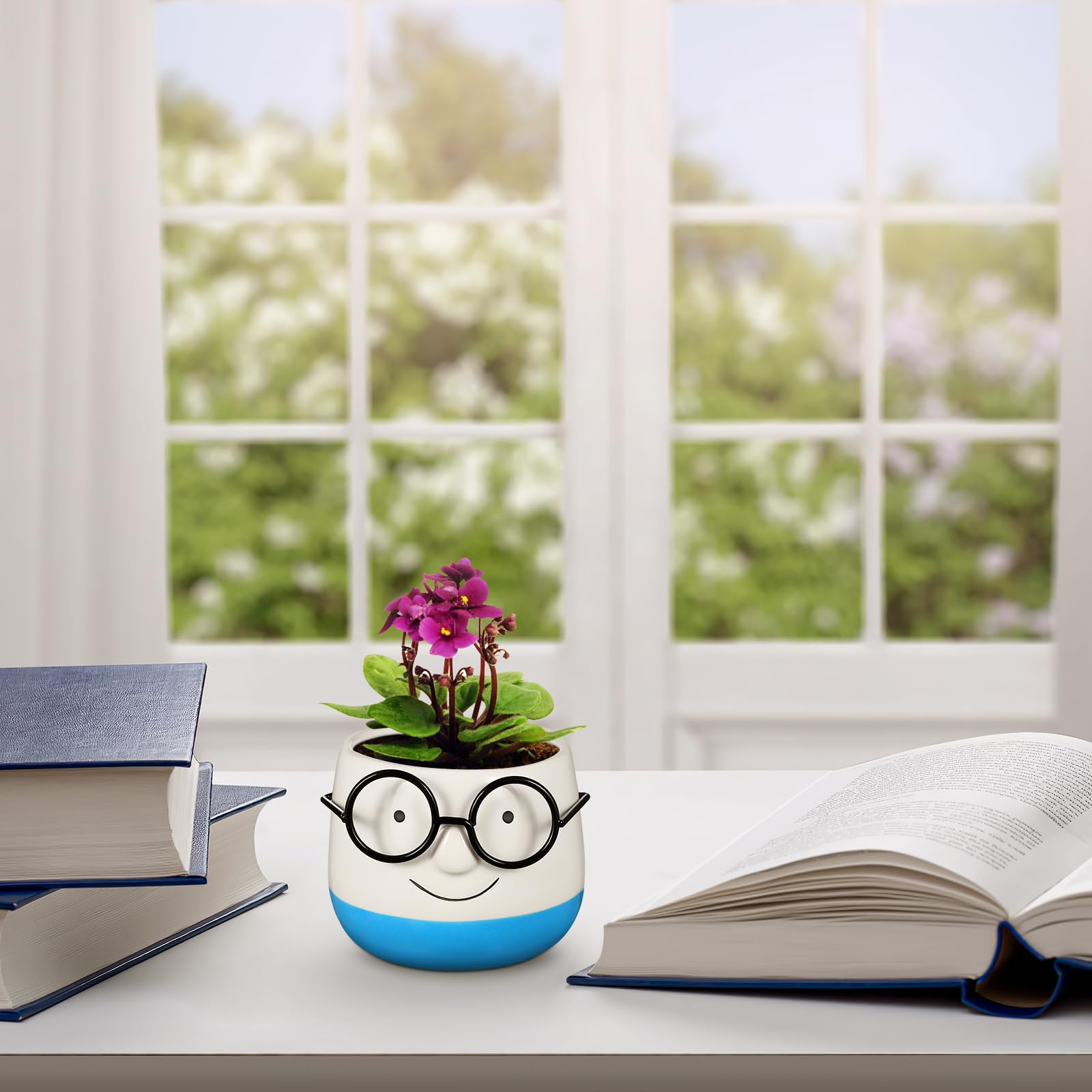 PRETYZOOM Ceramic Plant Pot with Eyeglasses Design - 6 Inch Bonsai Flower Pot, Succulent Planter, Pen Holder & Brush Cup for Home Office Desk Decor | Perfect for Small Plants, Cactus, Office Supplies Organization