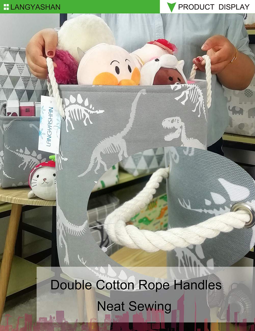 Collapsible Canvas Laundry Basket with Gray Dinosaur Print - Foldable Storage Organizer for Kids Room, Nursery, or Playroom - Perfect for Boys & Girls Clothes, Toys, and Nursery Organization