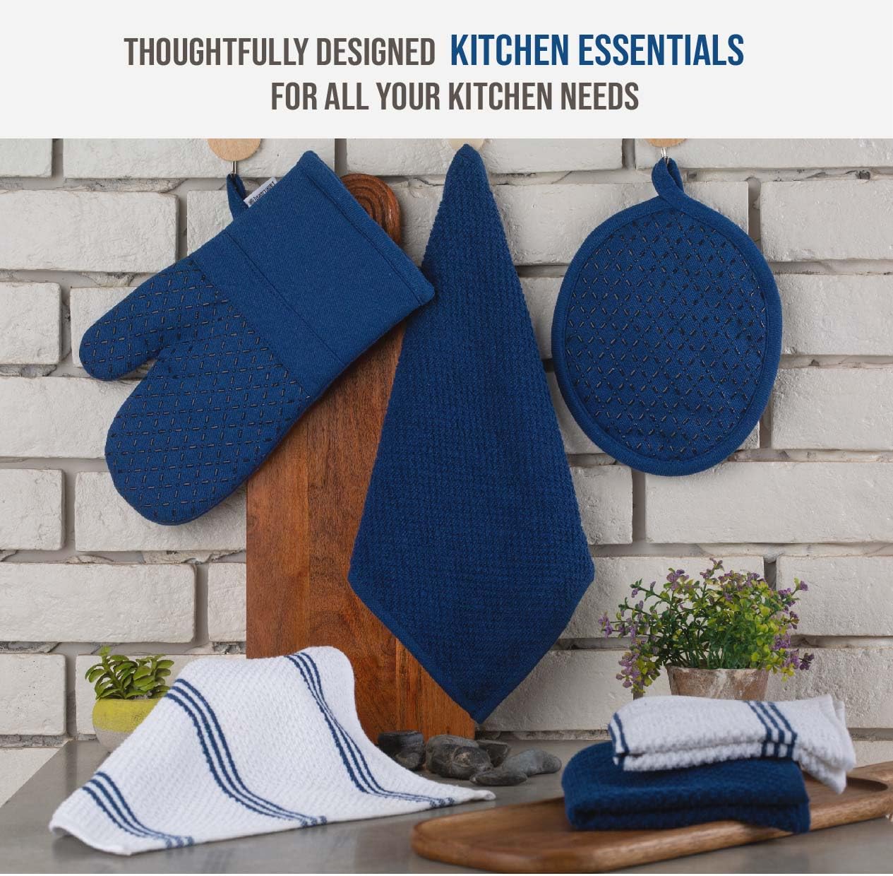 Premium 16-Piece LANE LINEN Kitchen Towel Set - Ultra Absorbent Cotton Tea Towels, Dish Towels & Hand Towels with Silicone Oven Mitts & Pot Holders - Indigo Blue - Perfect for Cooking, Baking & Kitchen Decor