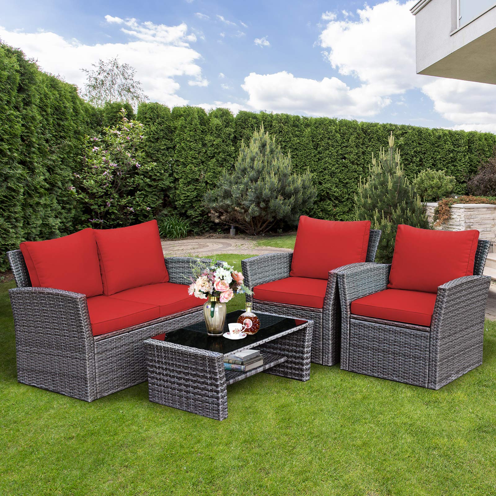 Tangkula 4-Piece All-Weather Outdoor Patio Furniture Set - Wicker Rattan Sectional Sofa with Cushions & Tempered Glass Table - Perfect for Backyard, Garden, Poolside, and Outdoor Conversations