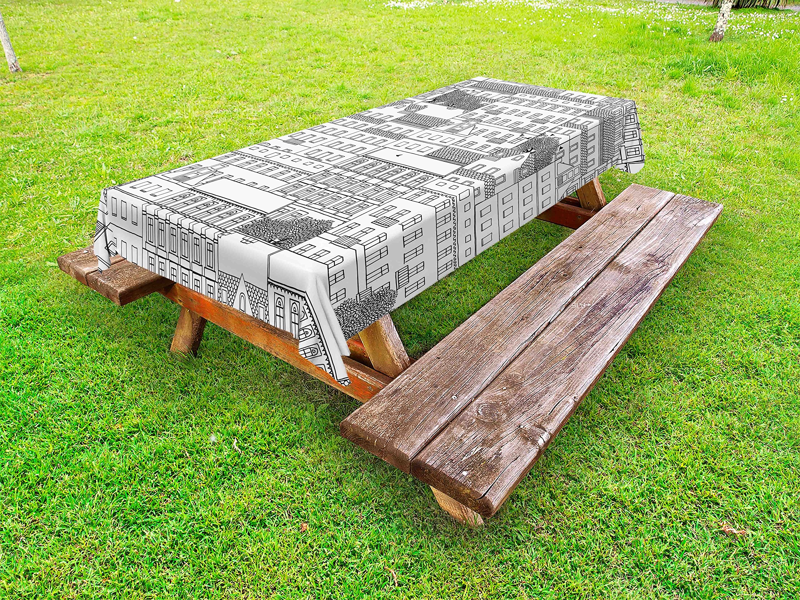 Ambesonne German Style Outdoor Tablecloth - Hand Drawn Monochrome European Architecture Sketch with German Houses - Washable Picnic Table Cover 58
