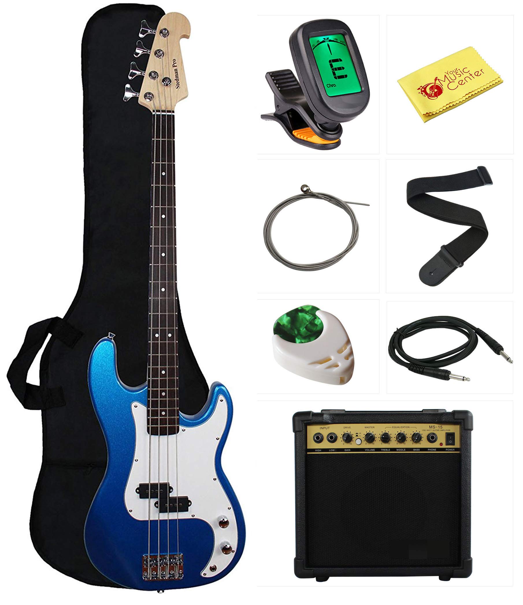 Stedman Beginner Bass Guitar Bundle with 15W Amp, Gig Bag, Cable, Strap & Accessories - Metallic Blue | Perfect for First-Time Players, Practice Sessions & Small Gigs