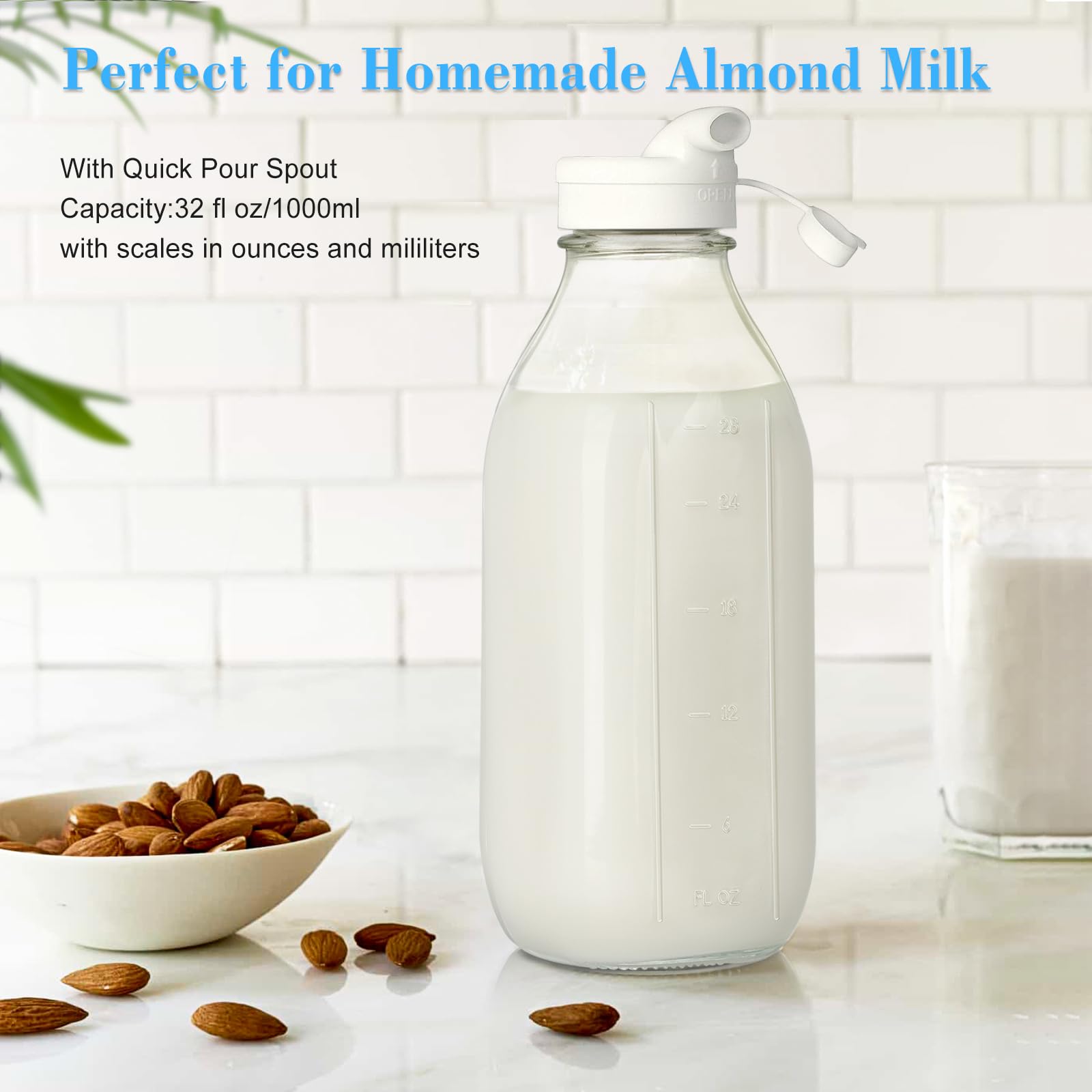 32oz Reusable Glass Milk Bottles with Dispenser Cap - 2 Pack Airtight Heavy Duty Screw Lid Set for Breast Milk, Buttermilk, Juice & Water | Perfect for Baby Feeding, Kitchen Storage & Beverage Dispensing