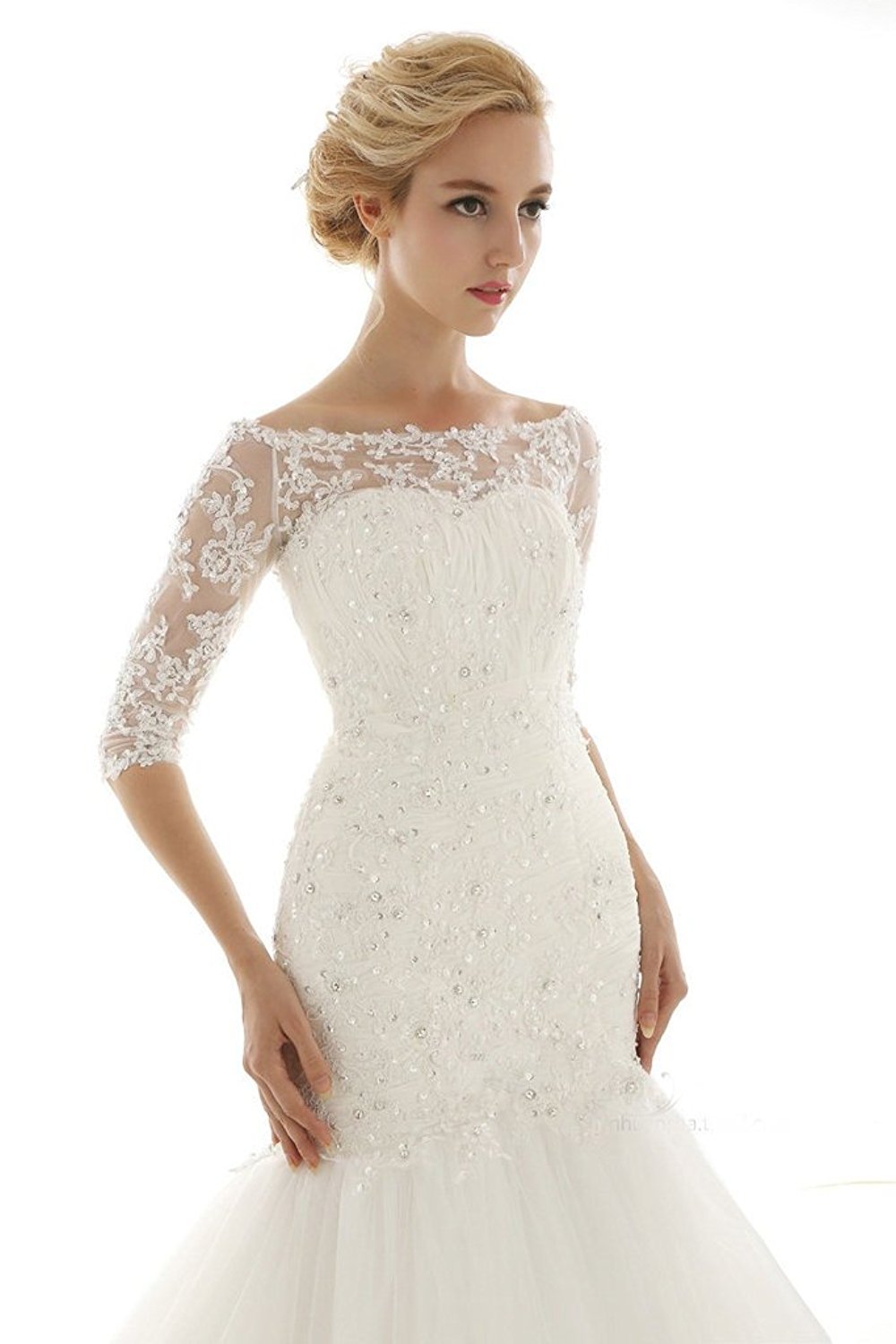 Sarahbridal Women's Mermaid Lace Tulle Beaded Wedding Dress with Long Chapel Train - Elegant Bridal Gown for Beach, Church & Formal Weddings