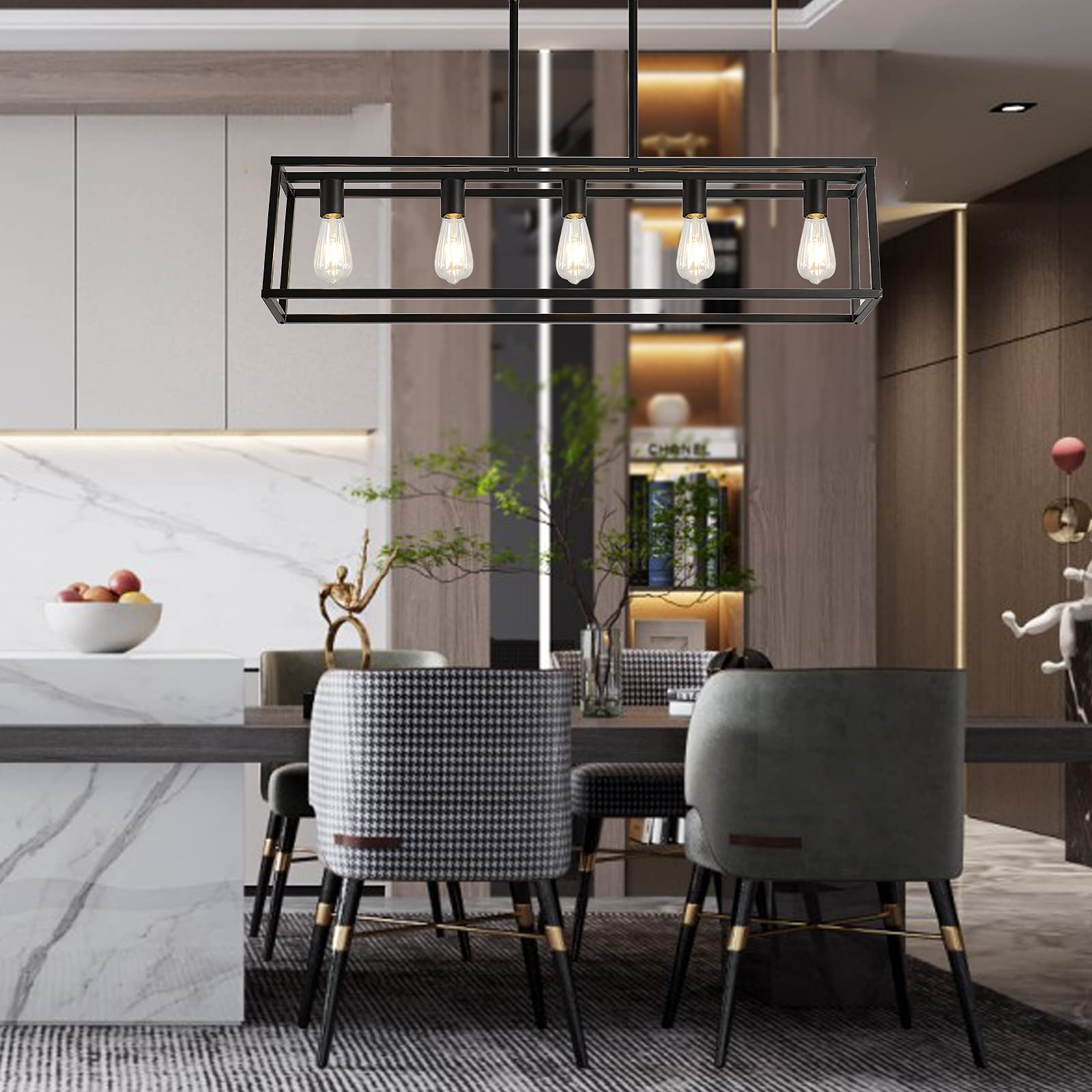 XILICON Farmhouse Chandelier - 5-Light Black Modern Linear Pendant Light for Kitchen Island, Dining Room & Ceiling | Rustic Cage Design for Home Decor