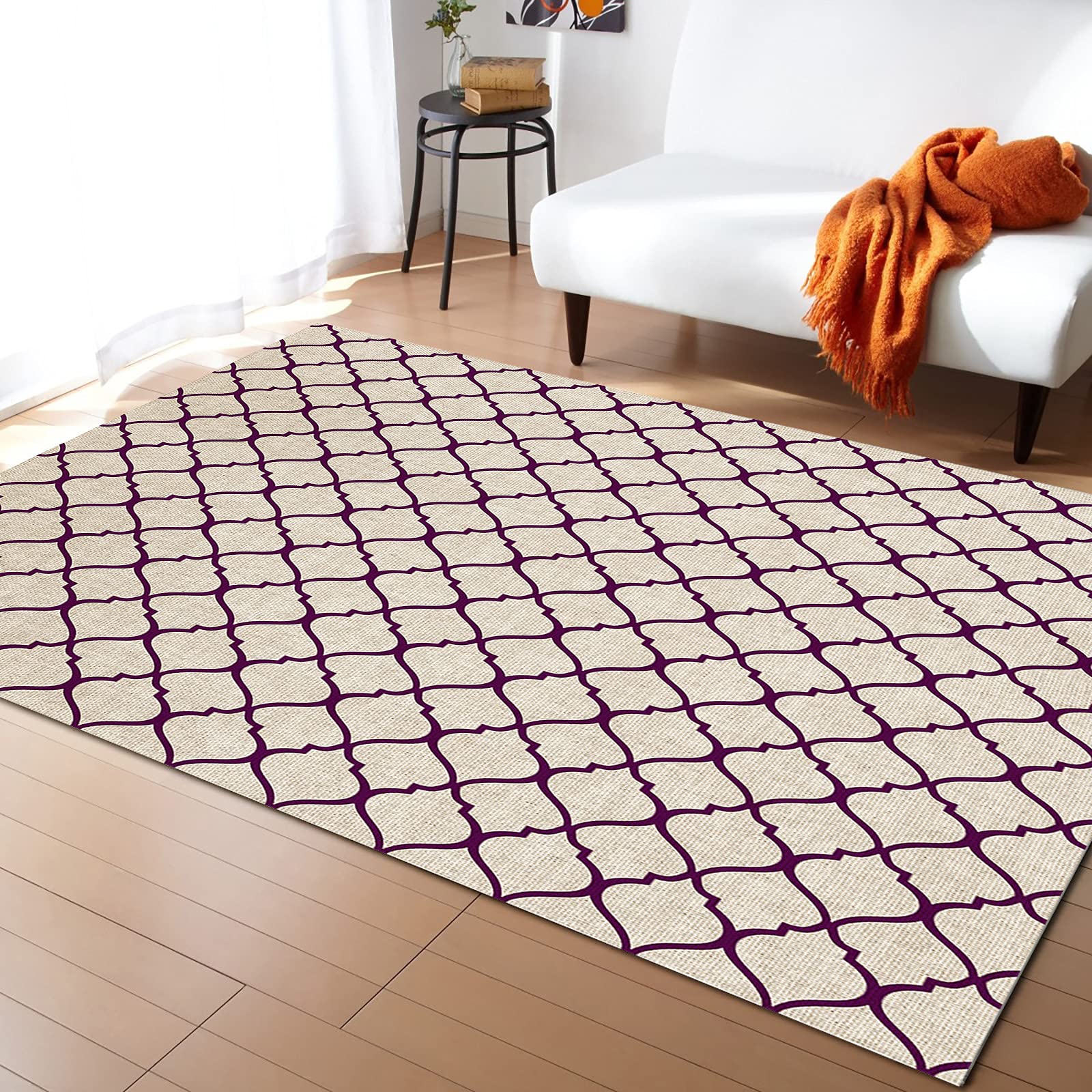 5' x 8' Large Moroccan Area Rug - Non-Slip Rectangular Rug for Living Room, Bedroom & Outdoor - Purple Burlap Textured Floor Mat | Boho Home Decor, Cozy Bedside Rug, Durable Carpet for High Traffic Areas