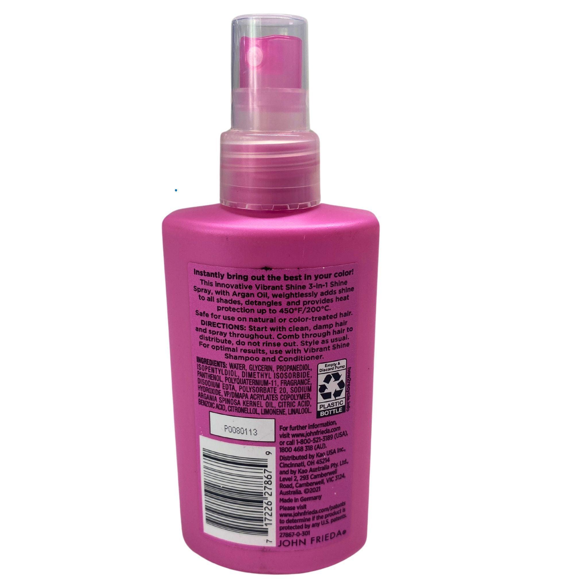 John Frieda Vibrant Shine 3-in-1 Shine Spray - Glossy Shine, Detangling & Heat Protection - Silicone Free & Paraben Free - 5.0 fl oz (50 Pack) - Perfect for Salon Styling, Daily Hair Care & Heat Styling Protection