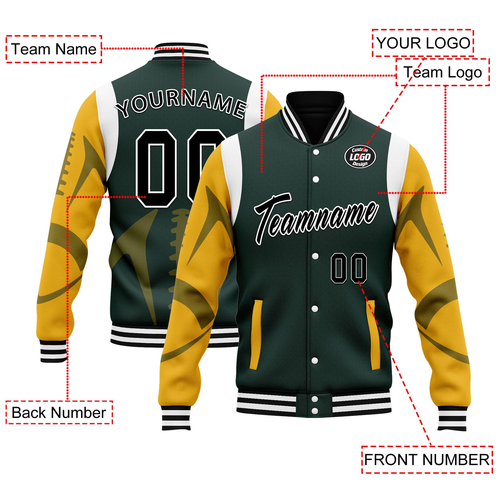 Custom Green Bay Packers Bomber Jacket - Personalized Varsity Letterman Jacket with Full Snap Closure (FZ005 D025004) - Perfect for Game Day, Sports Events & Casual Wear