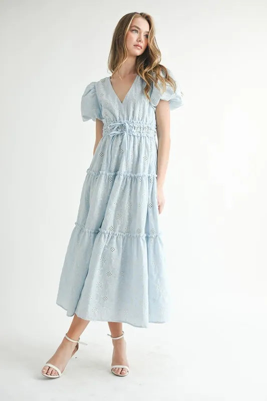Light Blue Puff Sleeve V-Neck Midi Summer Dress - Flowy Casual Sundress for Beach, Vacation & Date Night