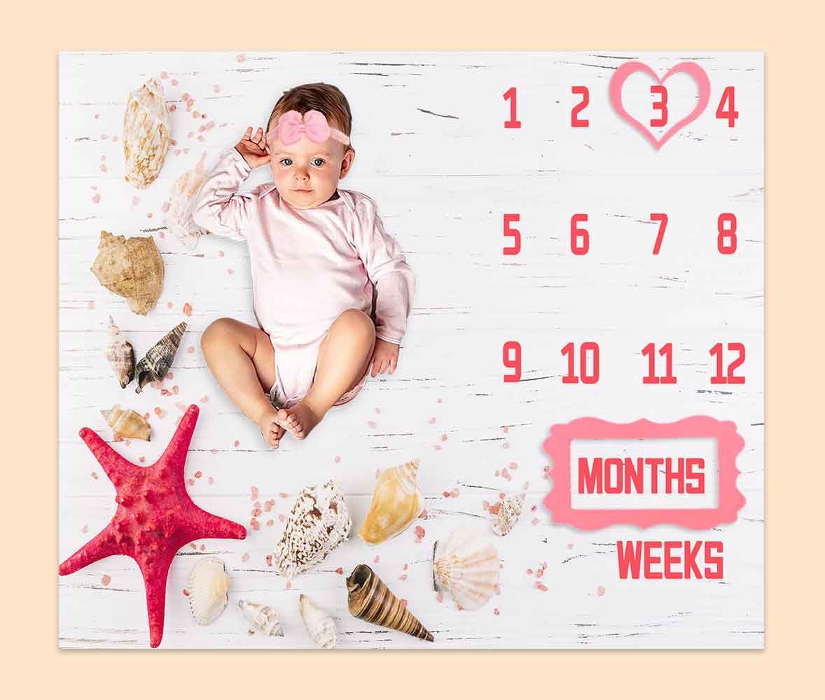 Boho Milestone Baby Blanket for Newborn Photography - 48x40 Inch Sea Shell Design with 1-12 Month Markers, Includes 4 Frames & Headband (BTXTPH914) - Perfect for Monthly Baby Photos, Nursery Decor and First Birthday Gifts