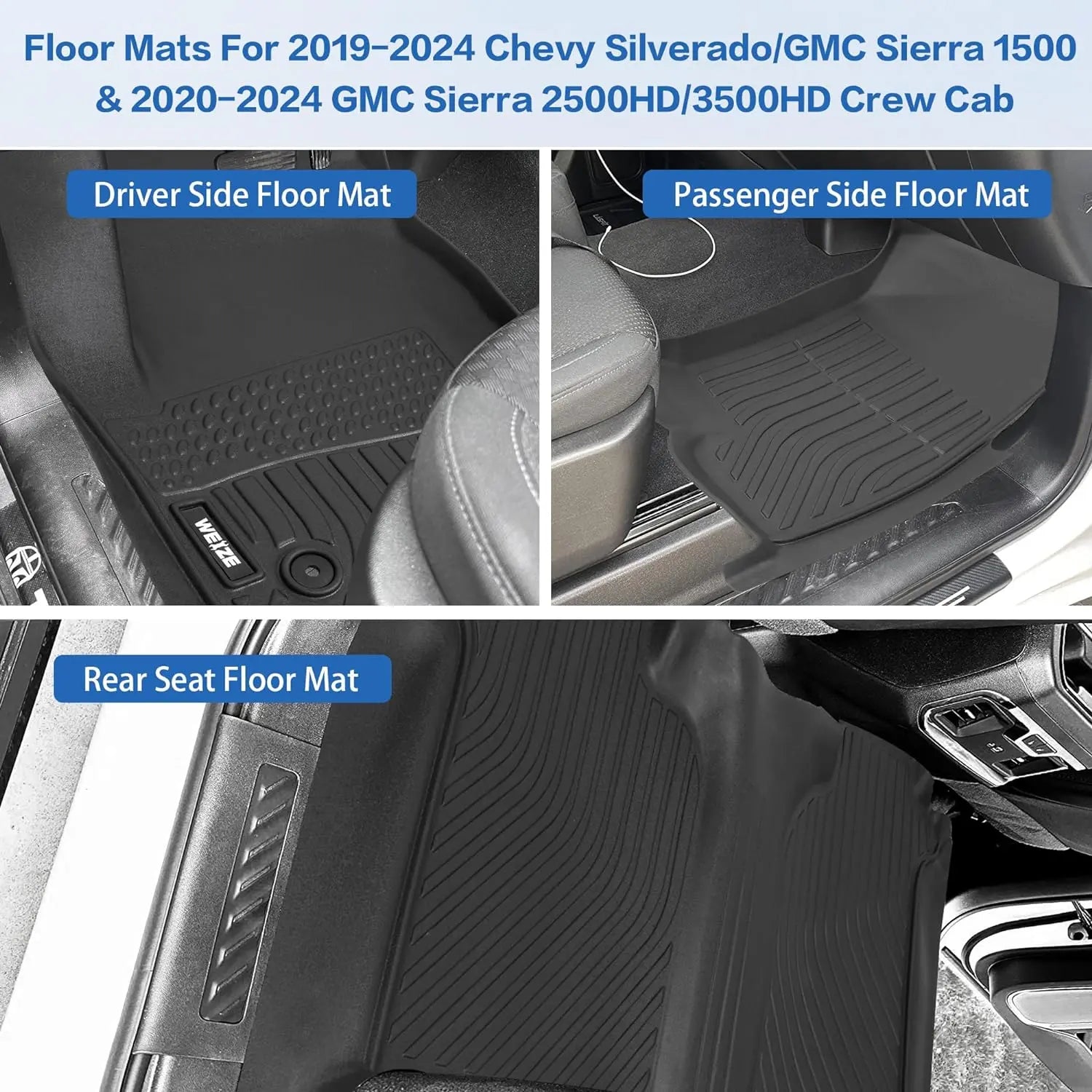 WEIZE Custom Fit TPE Floor Mats for 2019-2024 Chevrolet Silverado 1500 & GMC Sierra 1500 | 2020-2024 Silverado/GMC Sierra 2500HD/3500HD Crew Cab | Rear Row with Carpeted Underseat Storage | All-Weather Protection & Easy Cleaning | Perfect for Off-Roading, Daily Commute & Family Road Trips