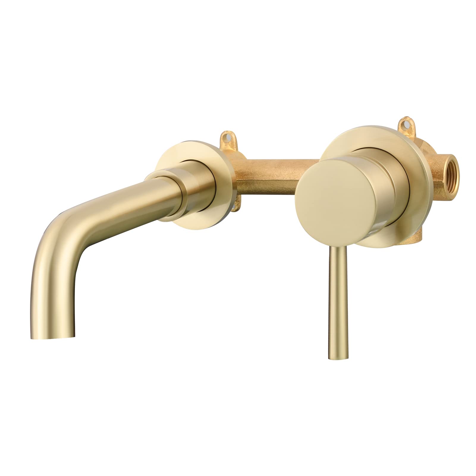 360° Rotating Wall Mount Faucet - Brushed Gold Brass Single Handle Vessel Mixer Tap for Bathroom Sink - Modern Waterfall Spout Design - Perfect for Small Bathrooms, Vanities & Vessel Sinks (Model BJ6083A)