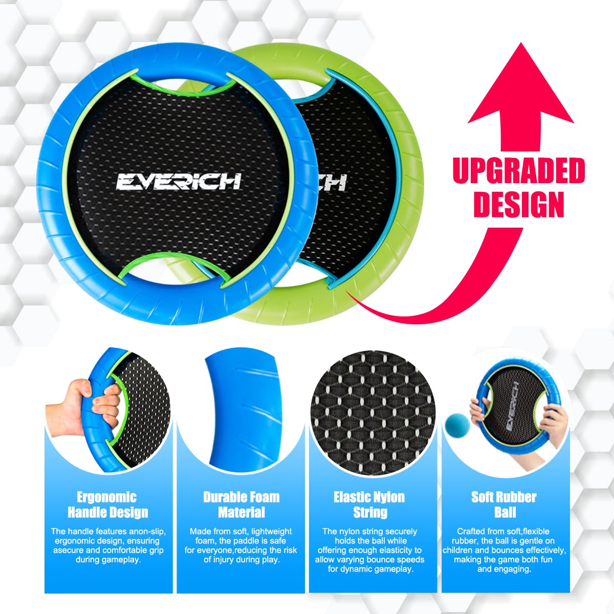 EVERICH TOY Trampoline Paddle Balls Set - Outdoor Games for Kids with 2 Rackets, 2 Rubber String Balls, 1 PVC Ball & 1 Foam Ball - Perfect for Beach, Lawn, Backyard & Park Fun Activities