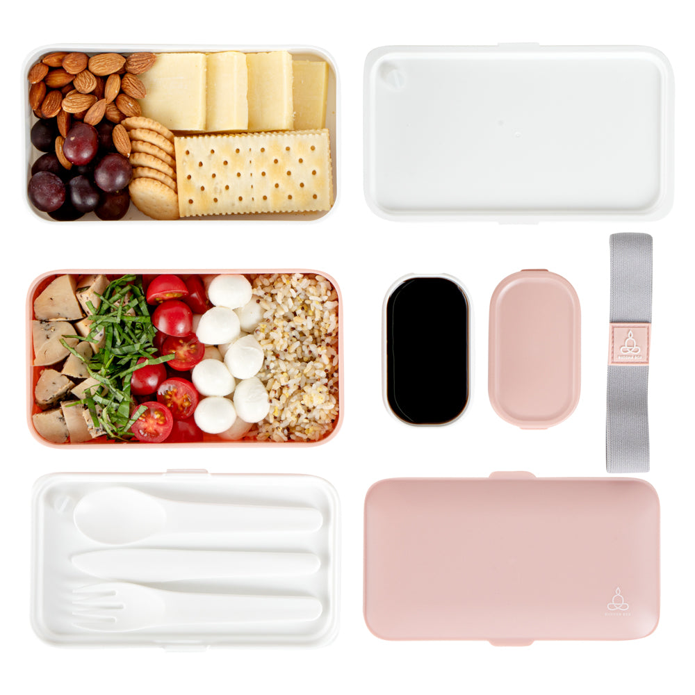Bento Tek 41 oz Pink and White Buddha Lunch Box with Utensils & Sauce Cup | All-in-One Meal Prep Container | 7.25
