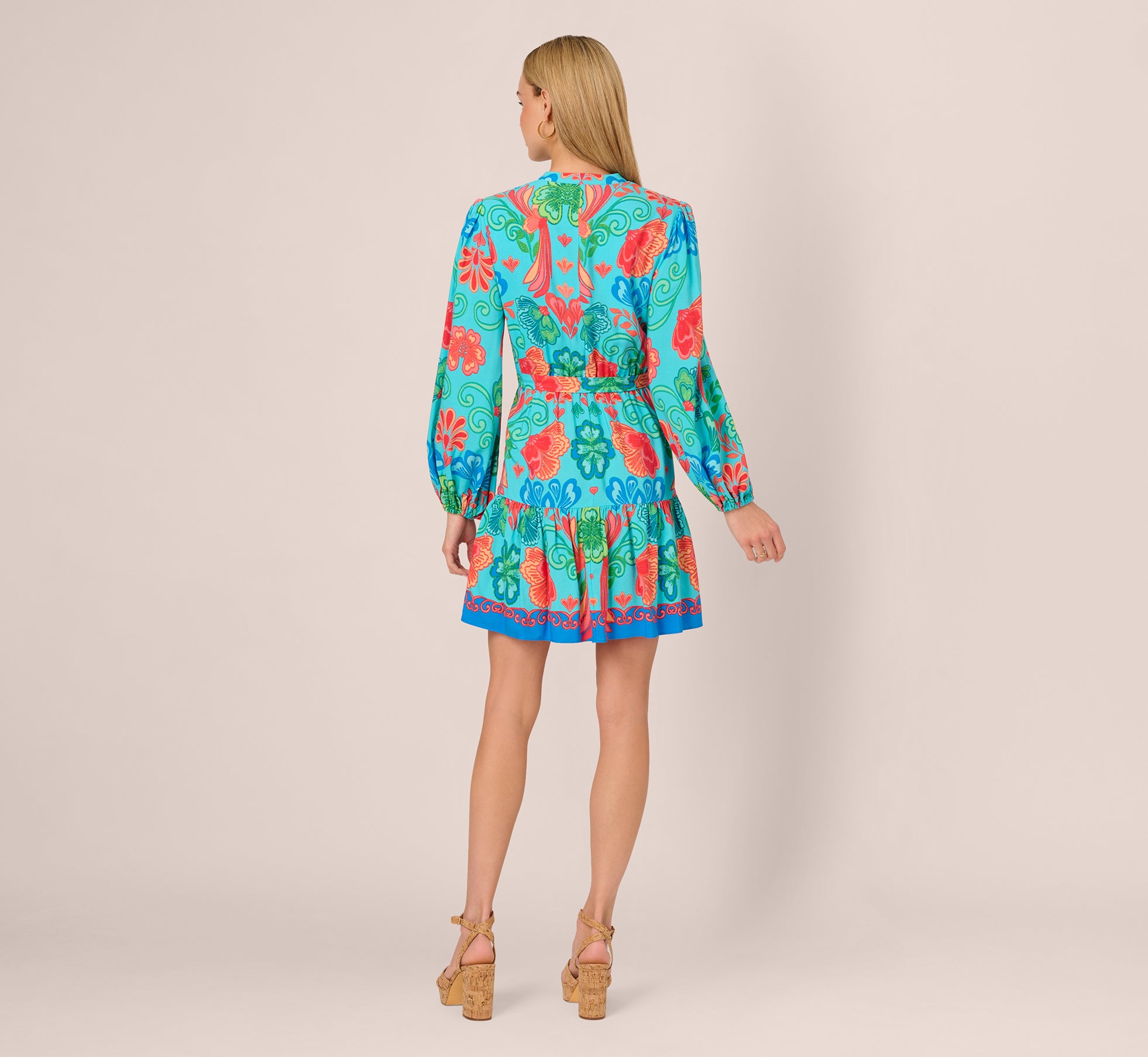Stylish Long Sleeve Printed Flounce Dress in Blue Multi - Perfect for Casual Outings, Parties & Special Occasions