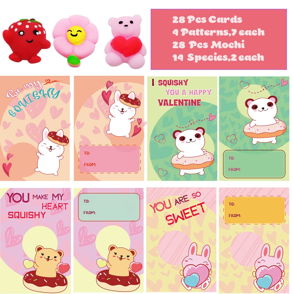 DINESIL 28 Pack Valentine's Day Kawaii Mochi Squishy Toys with Greeting Cards - Mini Animal Stress Relief Toys for Kids, Valentine Exchange Gifts & Party Favors - Perfect for Classroom Rewards, Birthday Goodie Bags & Sensory Play