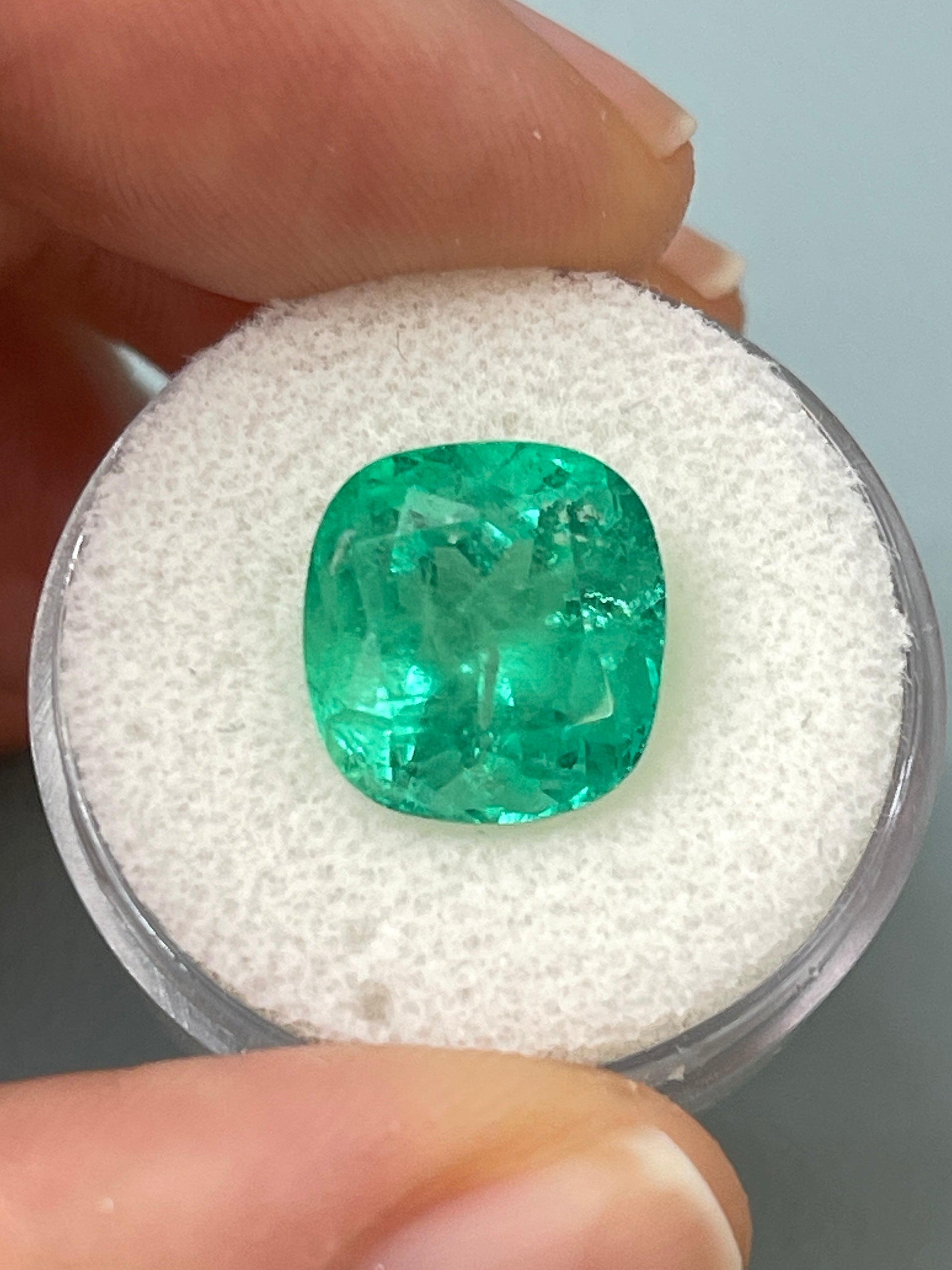 7.28 Carat 12x11.5mm Medium Bluish Green Natural Loose Colombian Emerald Gemstone - Cushion Cut for Jewelry Making, Engagement Rings & Collector's Pieces