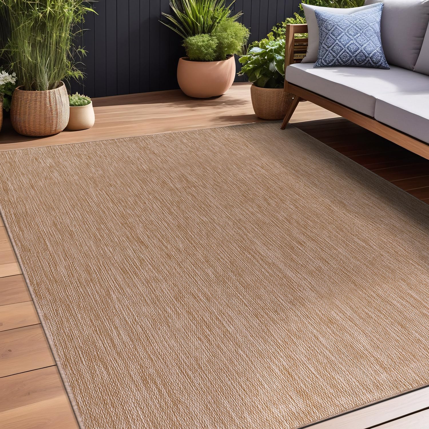 Beverly Indoor Outdoor Rug 6x9 - Washable Water Resistant Jute Beige Area Rug for Patio, Deck, Porch - Modern Solid Design for Home, Garden & Backyard Decor