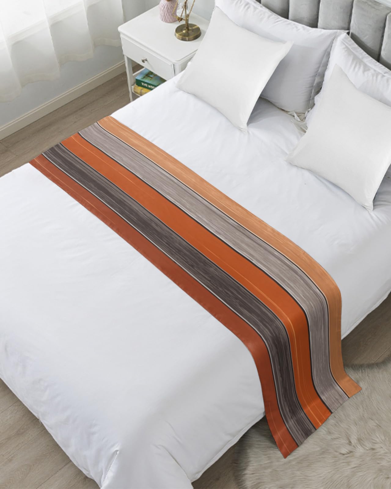 Queen Size Bed Runner - 94x20In Farmhouse Orange Grey Gradient Wood Plank Decorative Bed Scarf | Hotel & Home Bedroom Decor for Guestroom, Country & Retro Style | Perfect for Seasonal Bedding Refresh & Wedding Decor