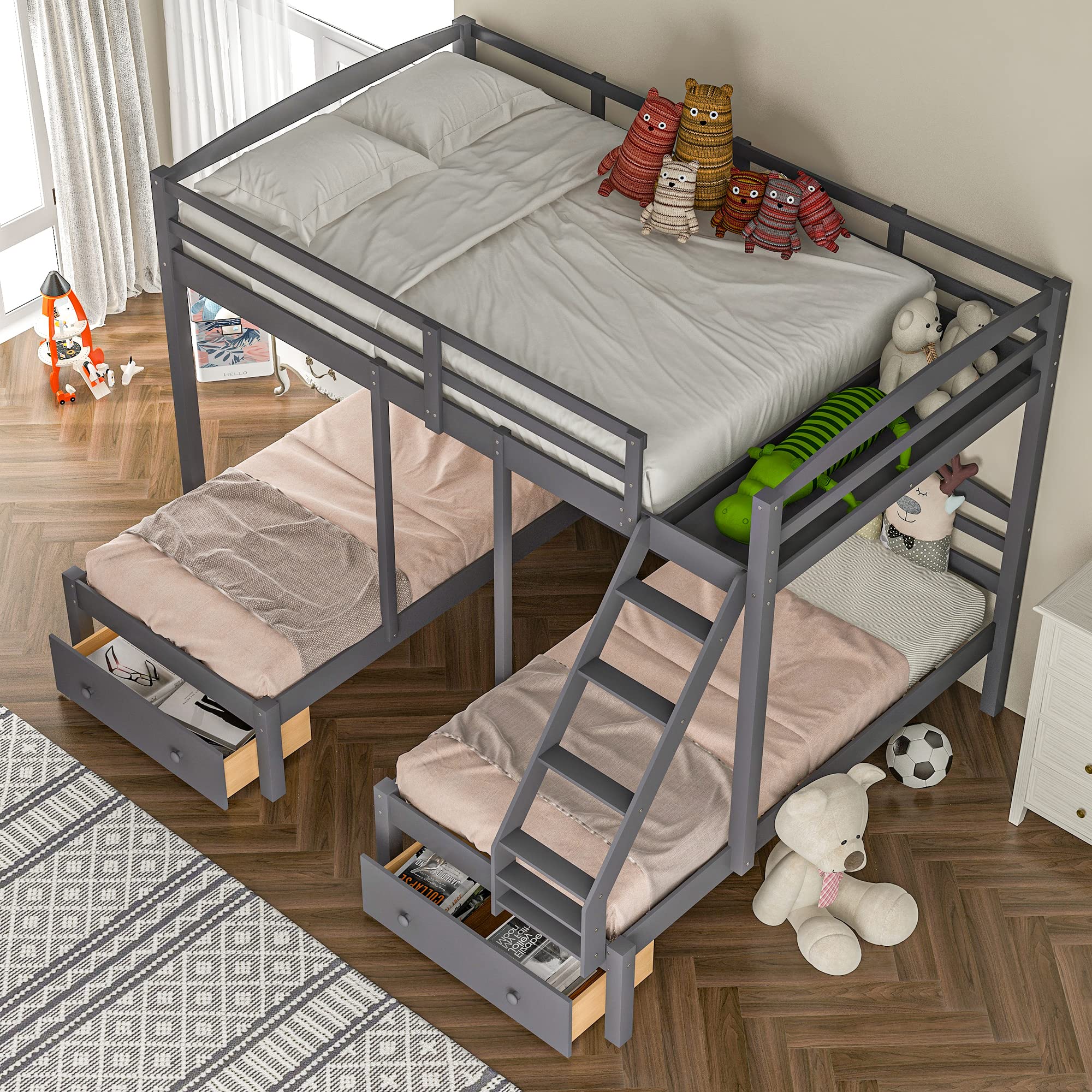 P PURLOVE Full Over Twin and Twin Wood Triple Bunk Bed Frame with Storage Drawers, No Box Spring Needed - Space-Saving Kids Bedroom Furniture for Shared Rooms & Sleepovers (Gray)