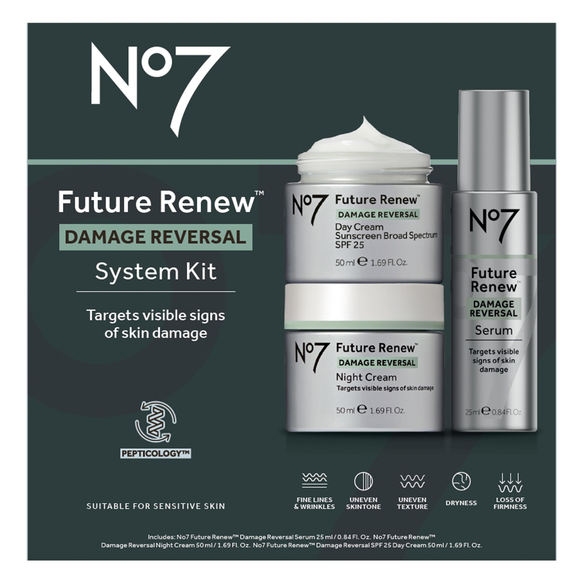 No7 Future Renew Damage Reversal Skincare Set - Anti-Aging Face Serum, Day Cream with SPF 25 & Night Cream - Reduce Wrinkles & Sun Damage - 3-Piece Skincare Kit for Mature Skin - Perfect for Daily Anti-Aging Routine & Nighttime Repair