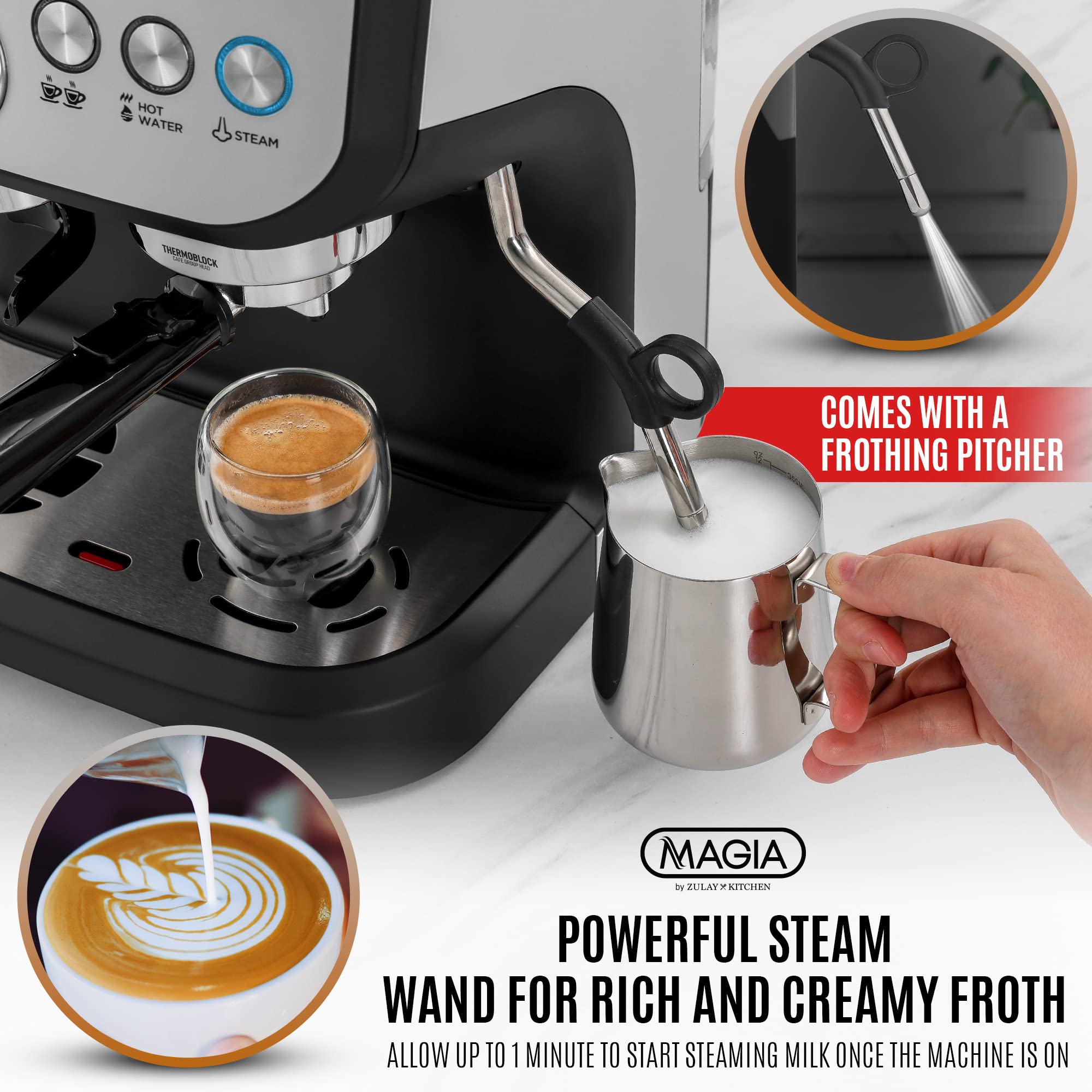 Zulay Kitchen Magia Manual Espresso Machine with Built-in Grinder & Milk Frother - 15 Bar Pressure Pump for Perfect Espresso, Cappuccino & Latte - 2L Large Removable Water Tank - Ideal for Home Baristas & Coffee Lovers