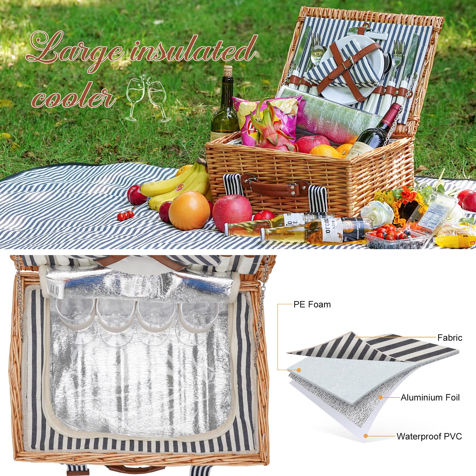 Handmade Willow Picnic Basket Set for 4 Persons with Insulated Cooler, Cutlery Kit & Blanket - Perfect for Couples, Valentine's Day, Birthday, Wedding Gifts - Ideal for Outdoor Picnics, Beach Trips, Camping and Romantic Dates