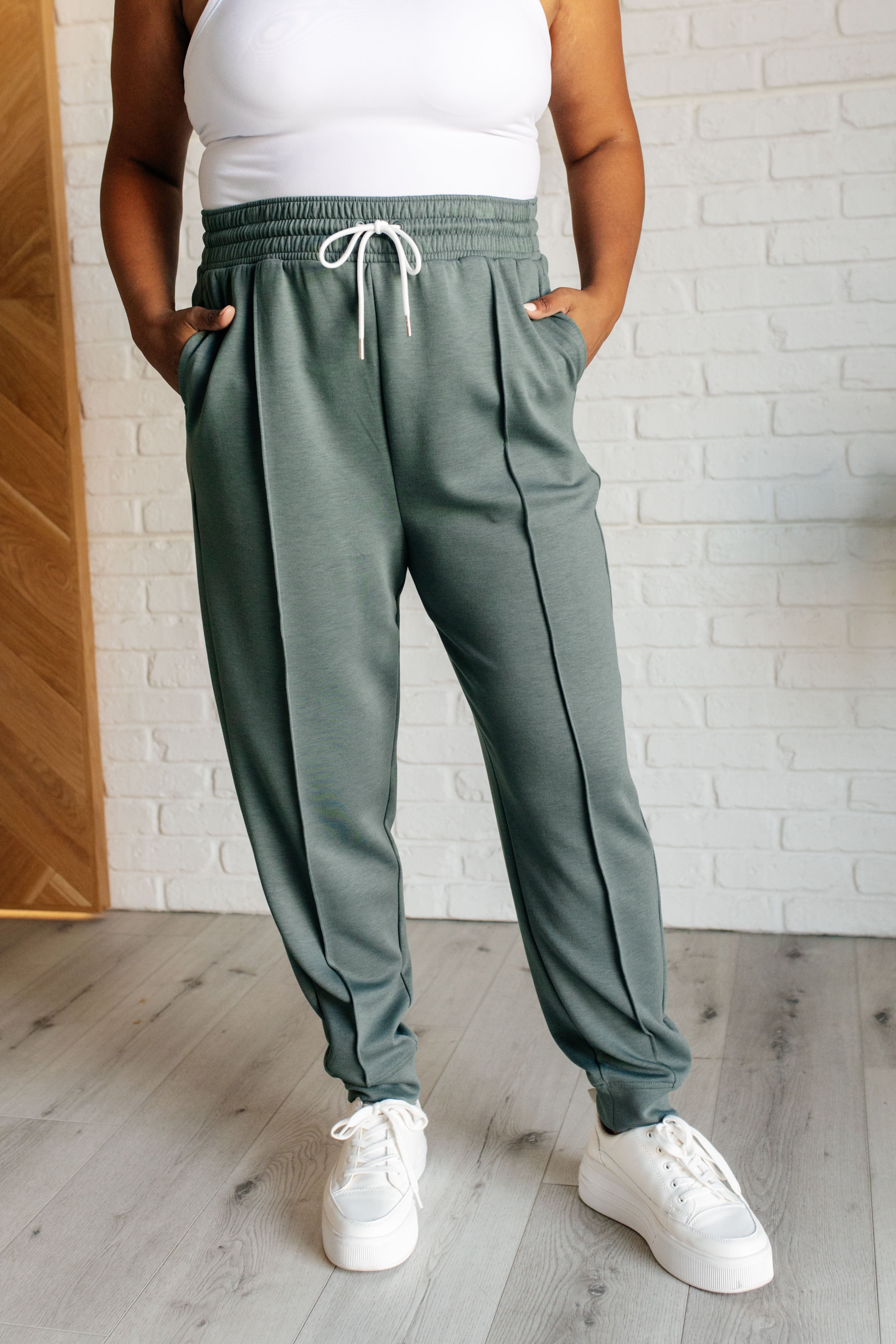High Waist Center Seam Scuba Joggers for Women - Soft Stretchy Lounge Pants in Ash Jade - Perfect for Yoga, Running & Casual Wear