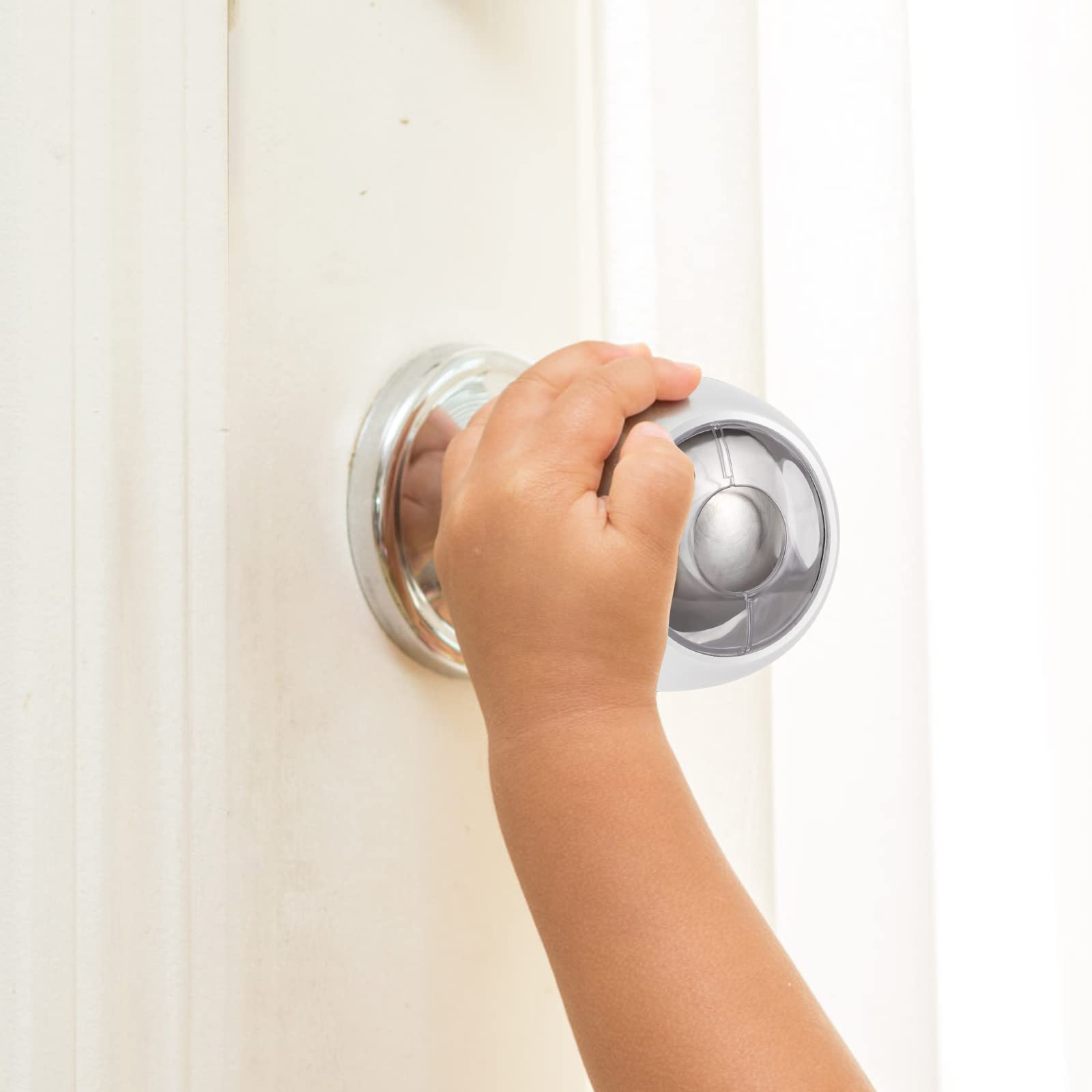 Child Proof Door Knob Covers - 4 Pack Safety Locks for Baby & Kids - Clear-White for Home Use