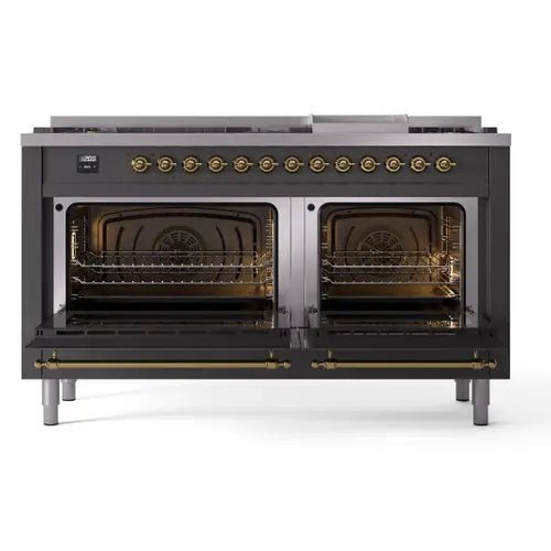 ILVE Nostalgie II 60 Inch Dual Fuel Natural Gas Range - Matte Graphite with Brass Trim (UP60FNMPMGG) | Professional Kitchen Appliance for Home Chefs & Culinary Enthusiasts