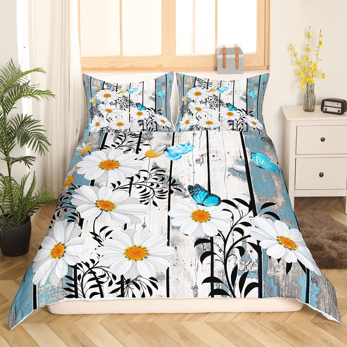 Feelyou Daisy Twin Size Duvet Cover Set - Botanical Floral Printed Bedding for Kids & Teens - Butterfly Pattern Comforter Cover with Wood Grain Design in Blue & White - Perfect for Nursery, Bedroom Decor & Gift Giving
