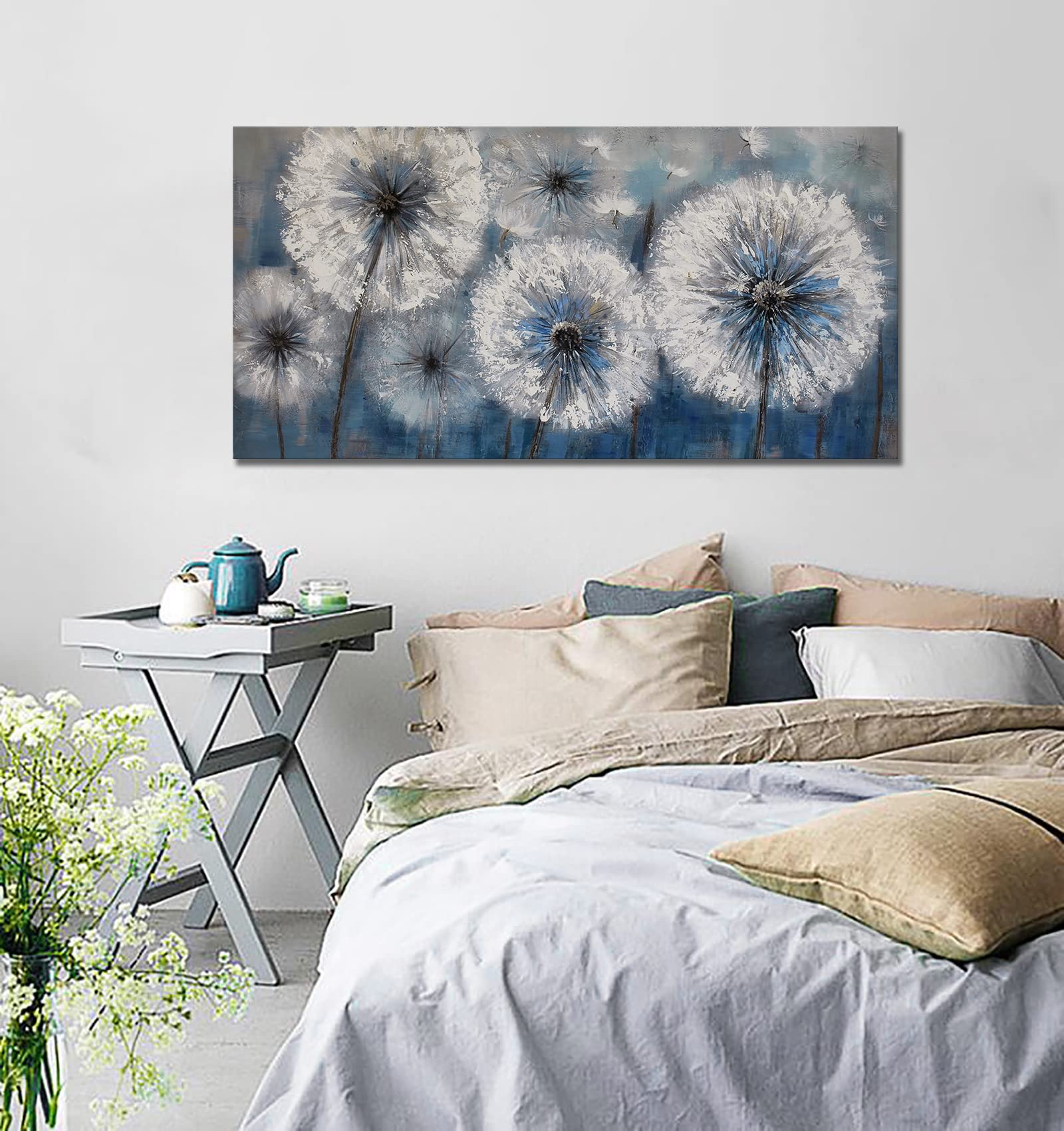 Blue Dandelion Canvas Wall Art - Large 29x58 Inch Framed Modern Flower Painting for Living Room & Bedroom Decor - Perfect Above Bed or Sofa for Home & Office