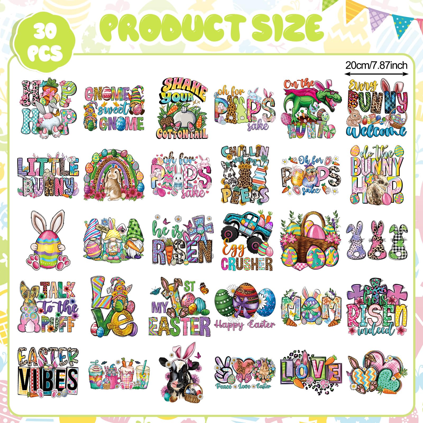 Estune 30 Pcs Easter Iron-On Transfers - Bunny & Egg Heat Transfer Appliques for T-Shirts, DIY Clothes Decor, Pillow Covers - Easter Decals & Patches for Spring Crafts, Kids Activities & Holiday Home Decor