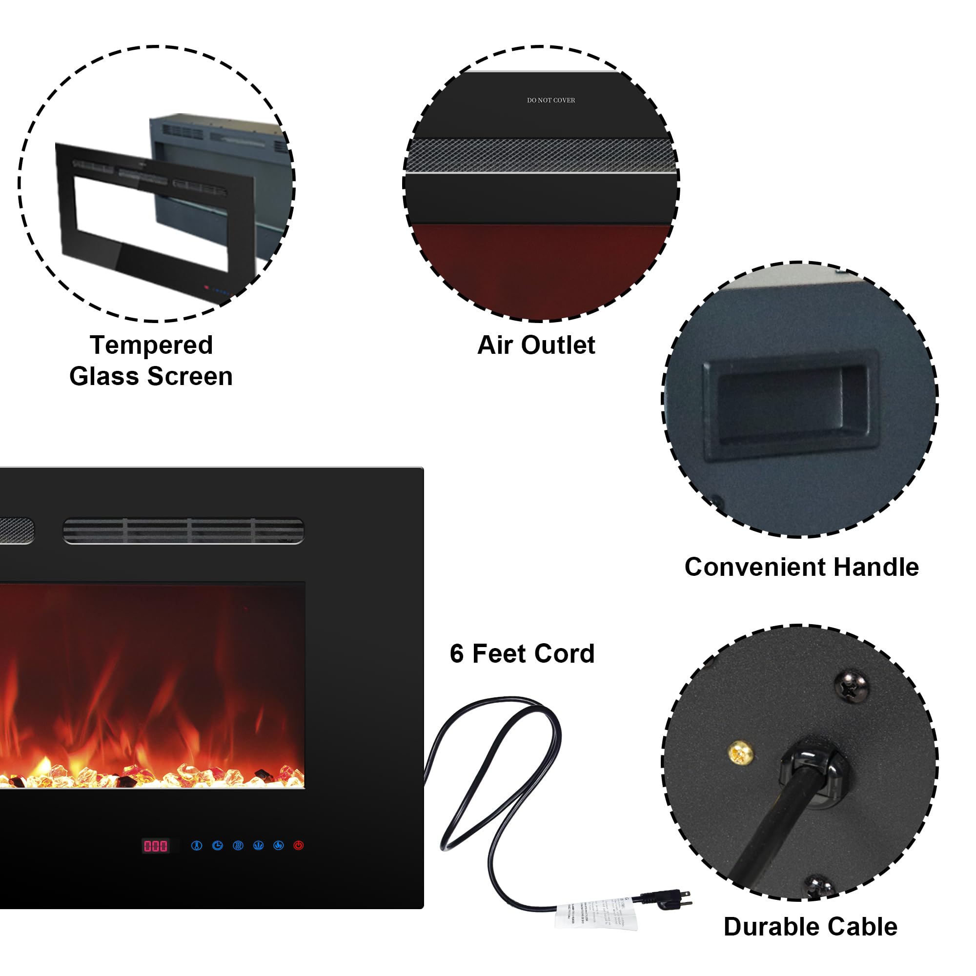 Rodalflame 30 Inch Electric Fireplace Insert - Recessed & Wall Mounted Indoor Heater with Remote, 13 Color Flame Effects (Log & Crystal), 9H Timer, 750W/1500W - Perfect for Living Rooms, Bedrooms & Home Offices