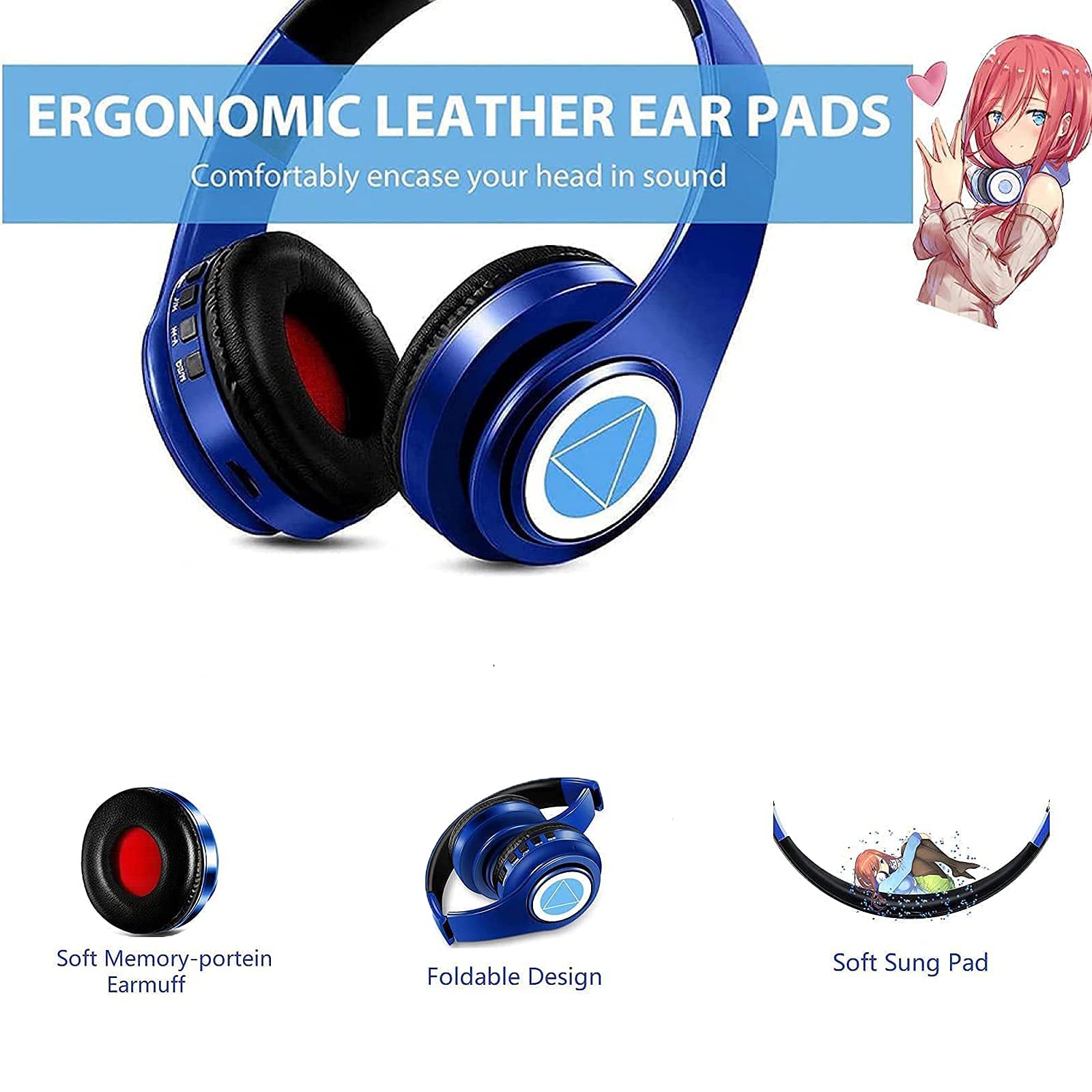 Nakano Miku Bluetooth Headphones - Wireless Over-Ear Foldable Headset with Built-in Mic, Hi-Fi Stereo Sound, Anime Cosplay Accessory (Blue) | Perfect for Gaming, Music Listening, and The Quintessential Quintuplets Fans