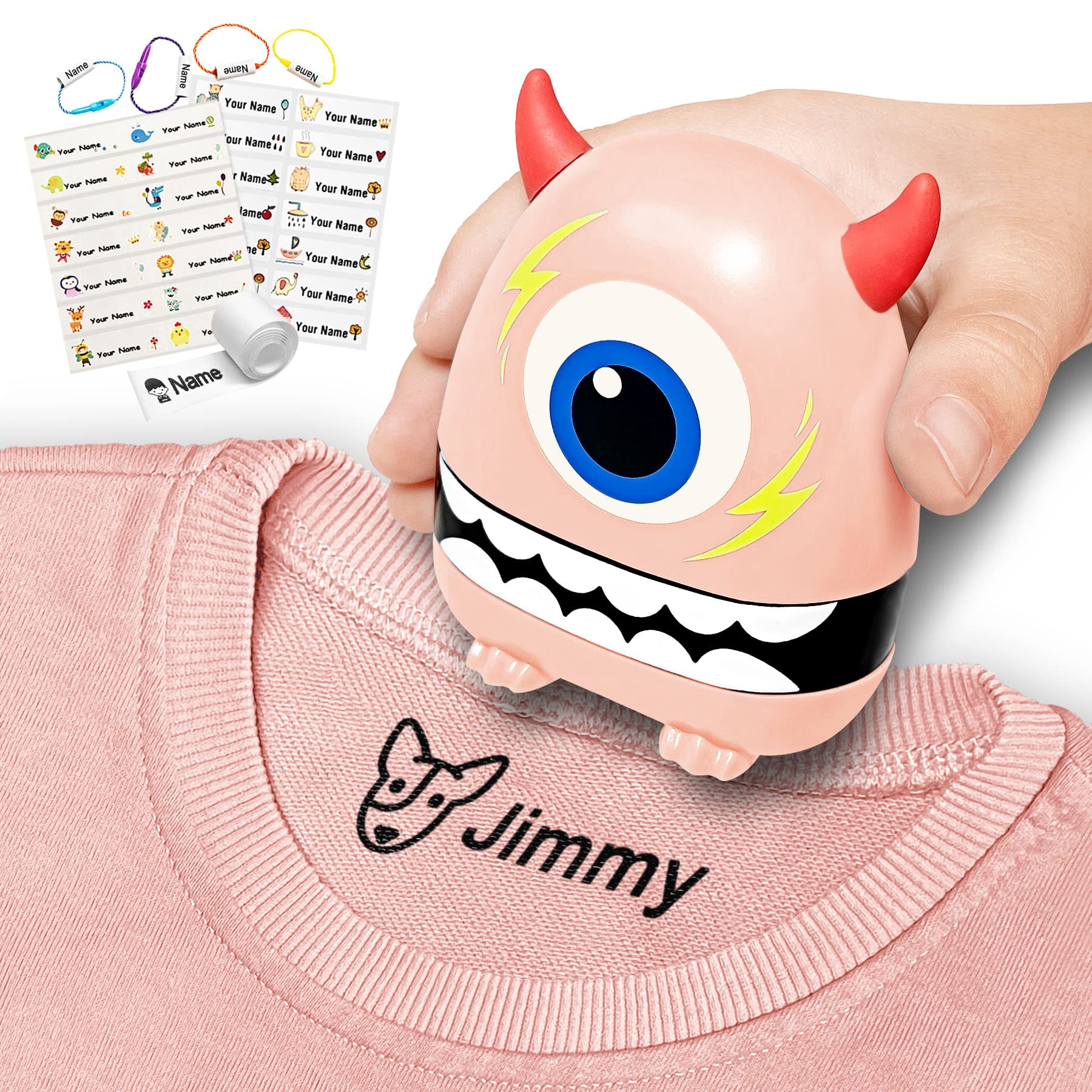 Personalized Kids Name Stamp for Clothing - Custom Washer & Dryer Safe Labels for Preschool, Daycare, Nursing Home - Waterproof Cartoon Theme Name Tags (Pink) - Perfect for Organizing School Uniforms, Baby Clothes & Laundry