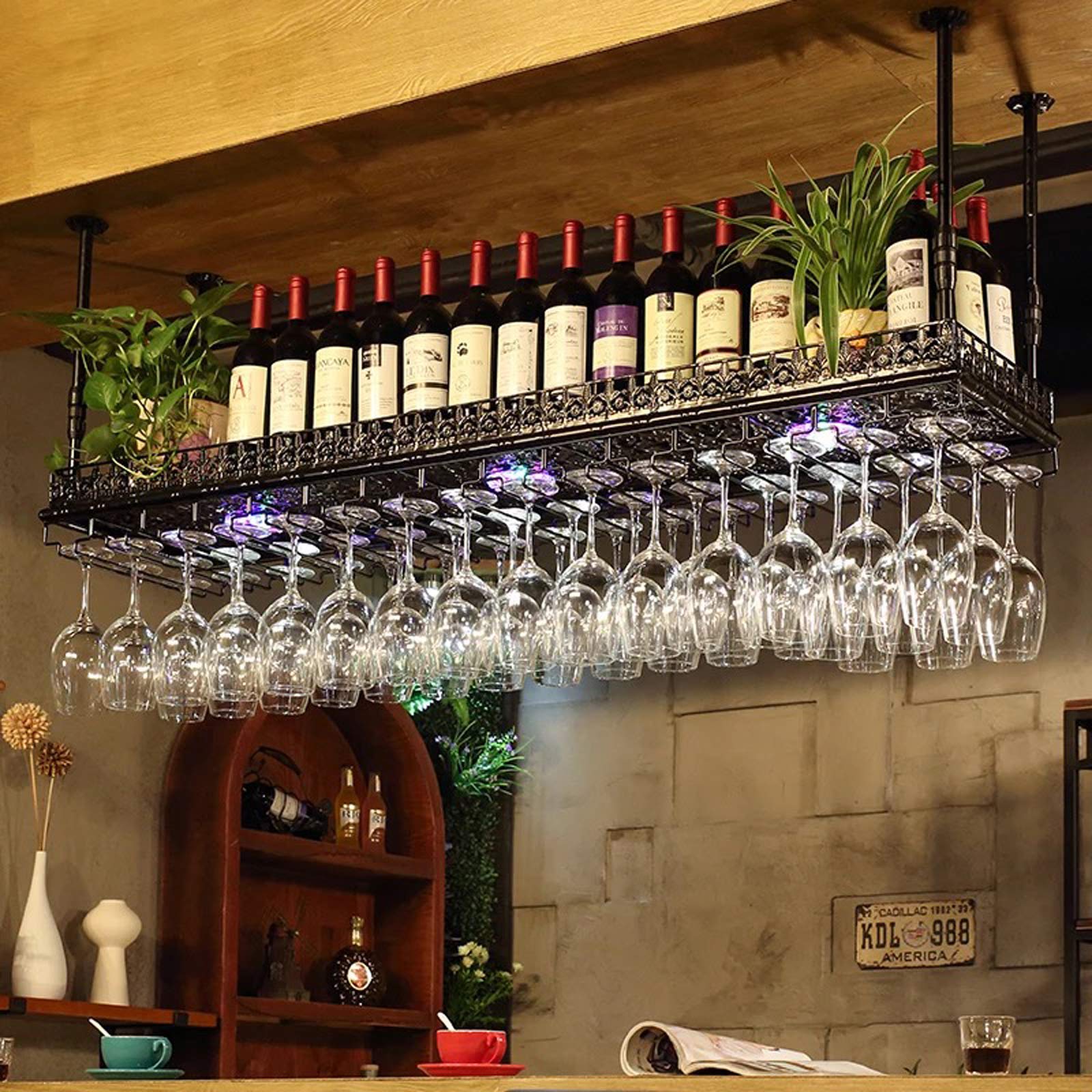 Industrial Retro Metal Wine Glass Hanging Rack - Adjustable Ceiling Floating Shelf for Bars, Restaurants & Kitchens - Black (120x35cm) - Perfect for Wine Storage, Home Decor & Commercial Use