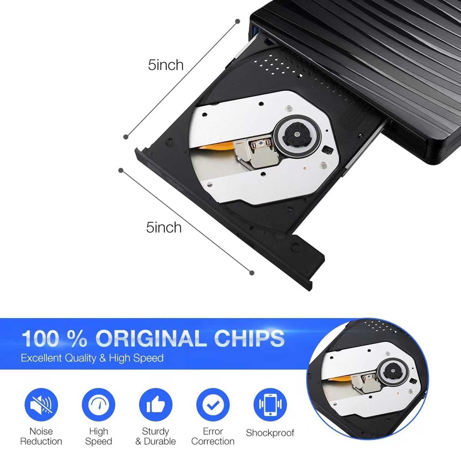 MARCBUSE External DVD Drive for Laptop - USB 3.0 & USB-C Portable CD/DVD Burner Writer - High-Speed Disc Reader for Movies, Music, Data Backup - Perfect for Home, Office & Travel Use