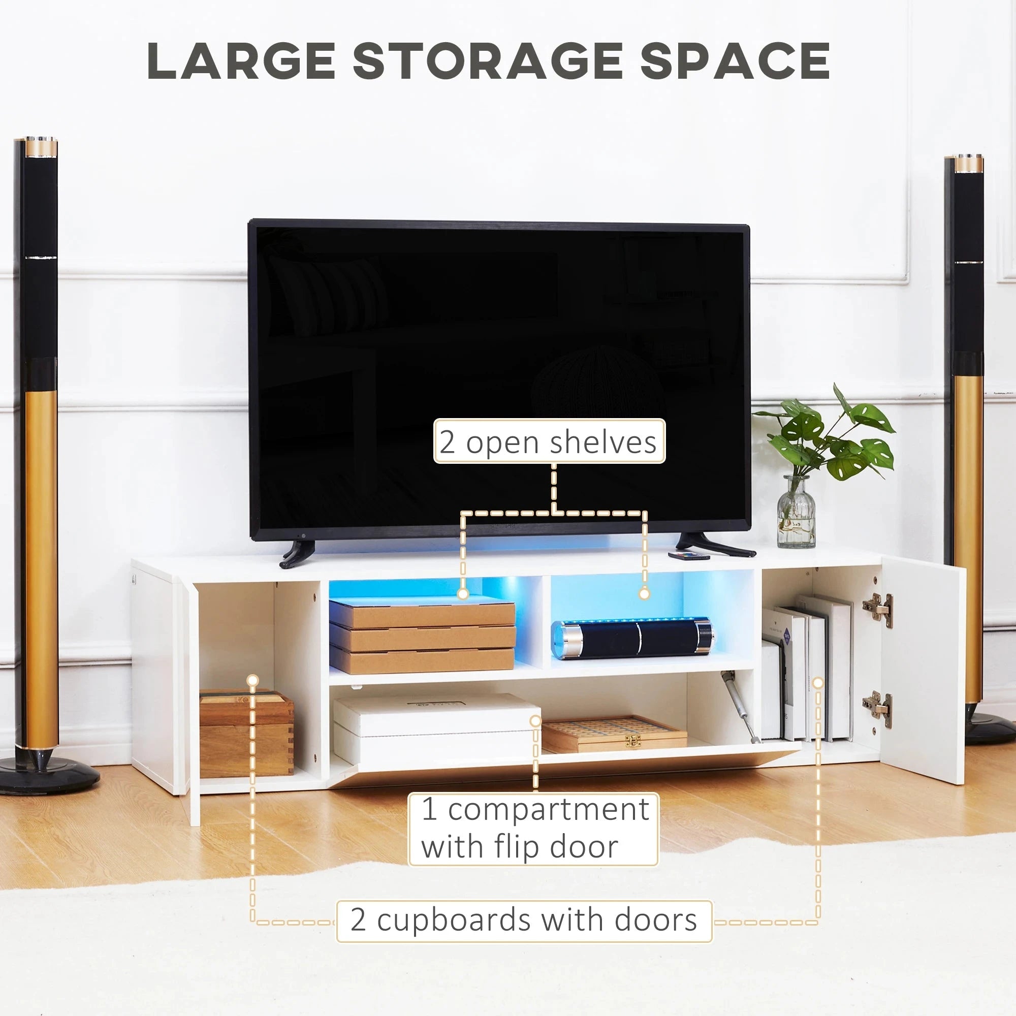Modern TV Stand with LED Lights & Storage Shelves - 4 Color Options for Living Room, Bedroom & Home Theater Setup