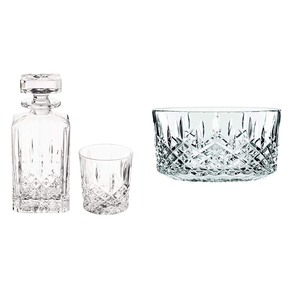 Marquis by Waterford Markham 11oz Double Old Fashioned Crystal Glasses & Square Decanter Set with 9-inch Clear Crystalline Bowl - Lead-Free Luxury Barware for Whiskey, Cocktails & Home Decor