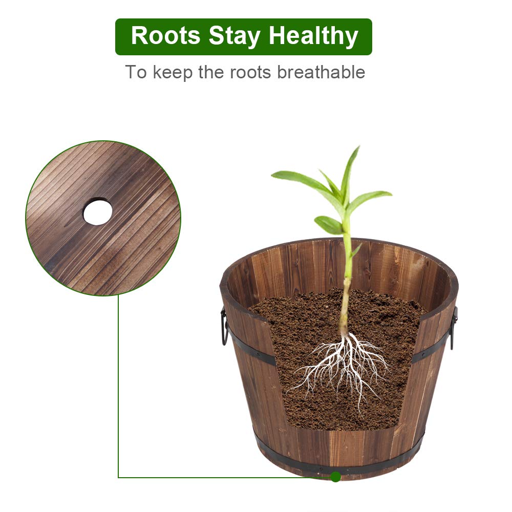 3 Pcs Wooden Planter Barrel Set with Handle & Drainage Holes - Rustic Whiskey Barrel Flower Pots for Plants, Herbs, Vegetables - Indoor & Outdoor Garden Decor for Patio, Balcony, Backyard
