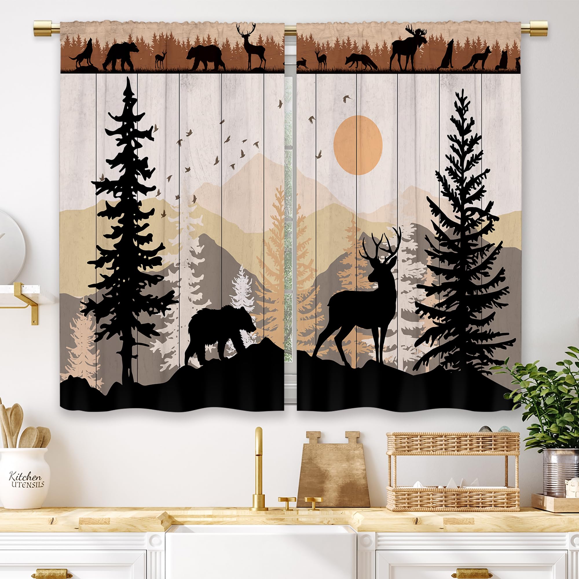 Rustic Farmhouse Kitchen Curtains - Woodland Cabin Cafe Window Drapes with Bear & Deer Print - Rod Pocket Short Curtains for Bathroom & Small Windows - 2 Panels 27.5x39 Inch - Perfect for Country Cottage, Cabin Decor & Cozy Kitchen Windows