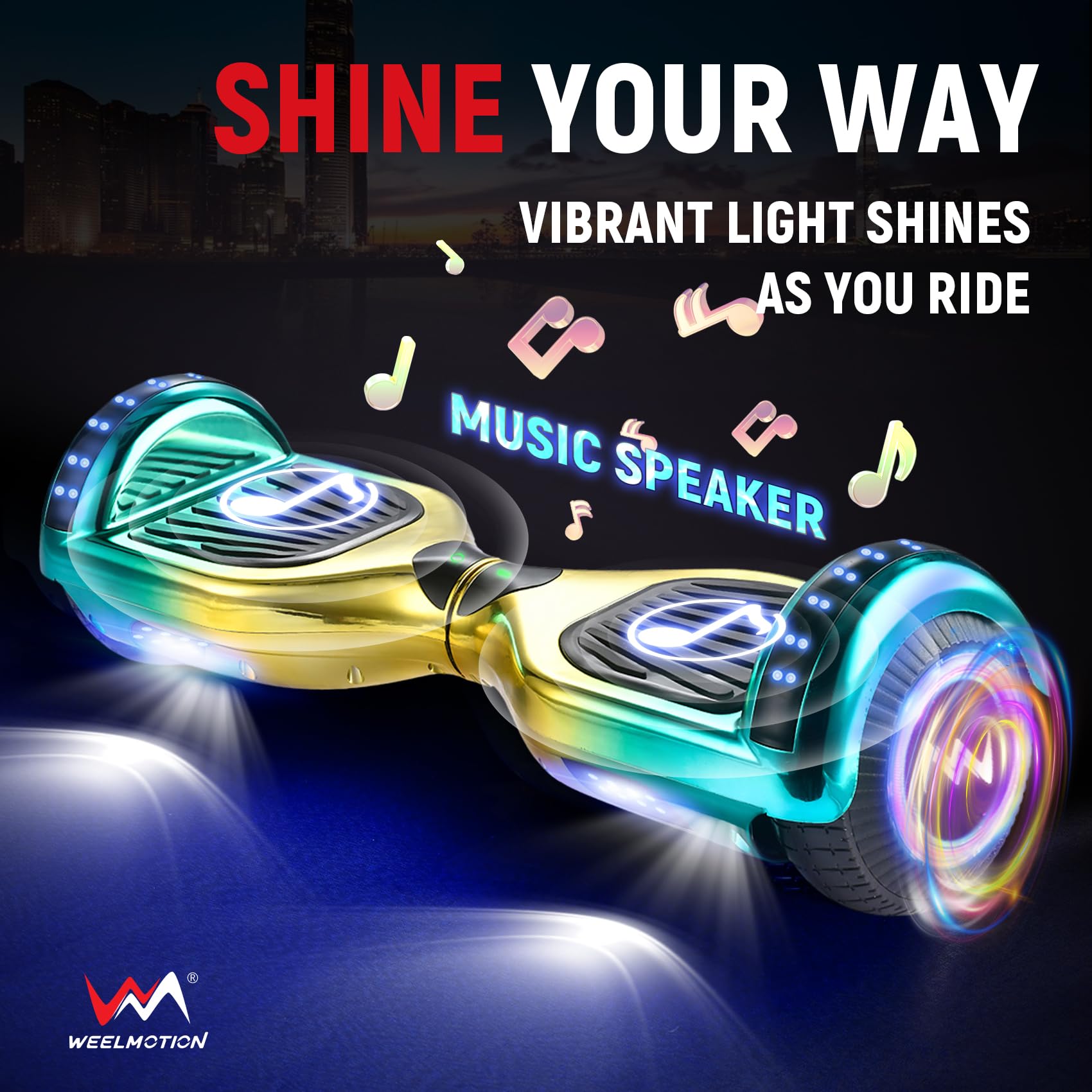 WEELMOTION Chrome Lemon Hoverboard - 6.5 Inch LED Light Up Wheels with Bluetooth Speaker & Vibration Effects, UL2272 Certified (Includes Free Carry Bag) - Perfect for Kids & Teens Outdoor Fun, Commuting, and Birthday Gifts