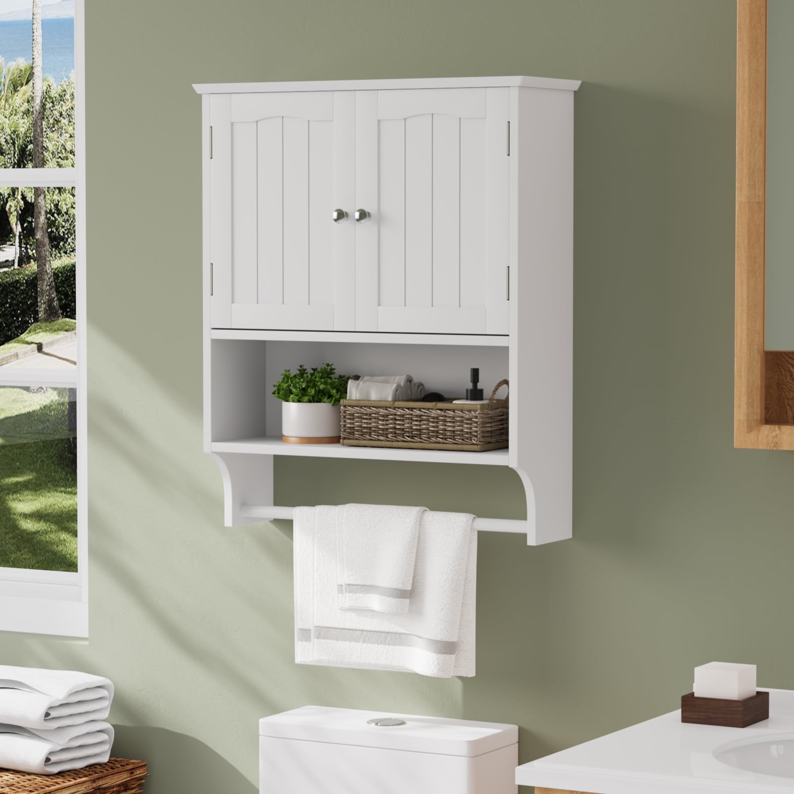 Smuxee White Wall Mounted Bathroom Cabinet with Towel Bar - 2 Door Adjustable Shelves Medicine Cabinet | Space Saving Over Toilet Storage for Bathroom, Laundry Room & Kitchen Organization