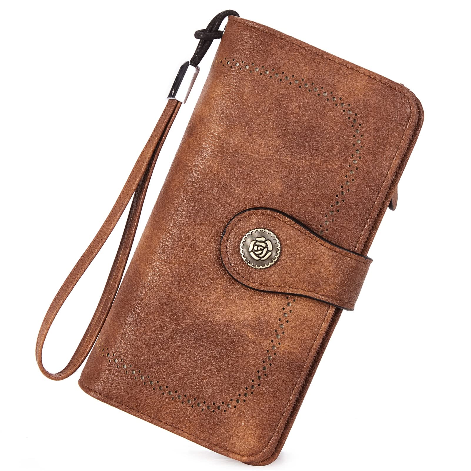 BROMEN Women's Leather Wallet - Large Wristlet Clutch Purse with Credit Card Holder (Brown) | Perfect for Everyday Use, Travel & Special Occasions