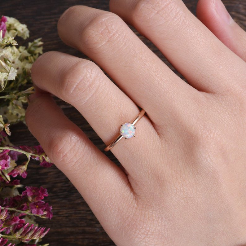 5mm Opal Engagement Ring - Lab-Created Solitaire Rose Gold, 6-Prong Birthstone Stacking Ring | Minimalist Wedding Band, Anniversary Gift for Her, Perfect for Everyday Wear & Special Occasions