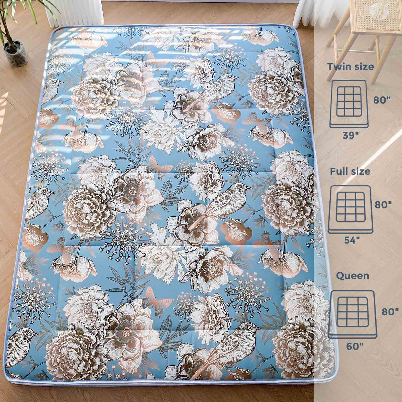 MAXYOYO Padded Japanese Floor Mattress - Floral Printed Futon Mattress & Folding Sleeping Pad for Guest Bed, Camping, Yoga & Meditation | Comfortable Floor Cushion for Small Spaces