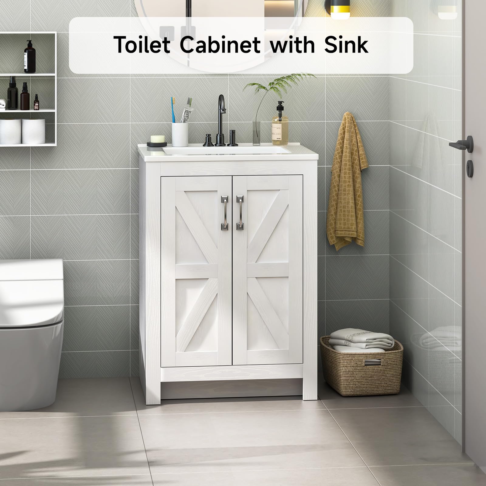 24 Inch Modern Bathroom Vanity with Ceramic Sink - 2 Door 2 Tier Storage Cabinet, Thickened Wood Construction - Perfect for Small Bathrooms, Powder Rooms & Guest Baths