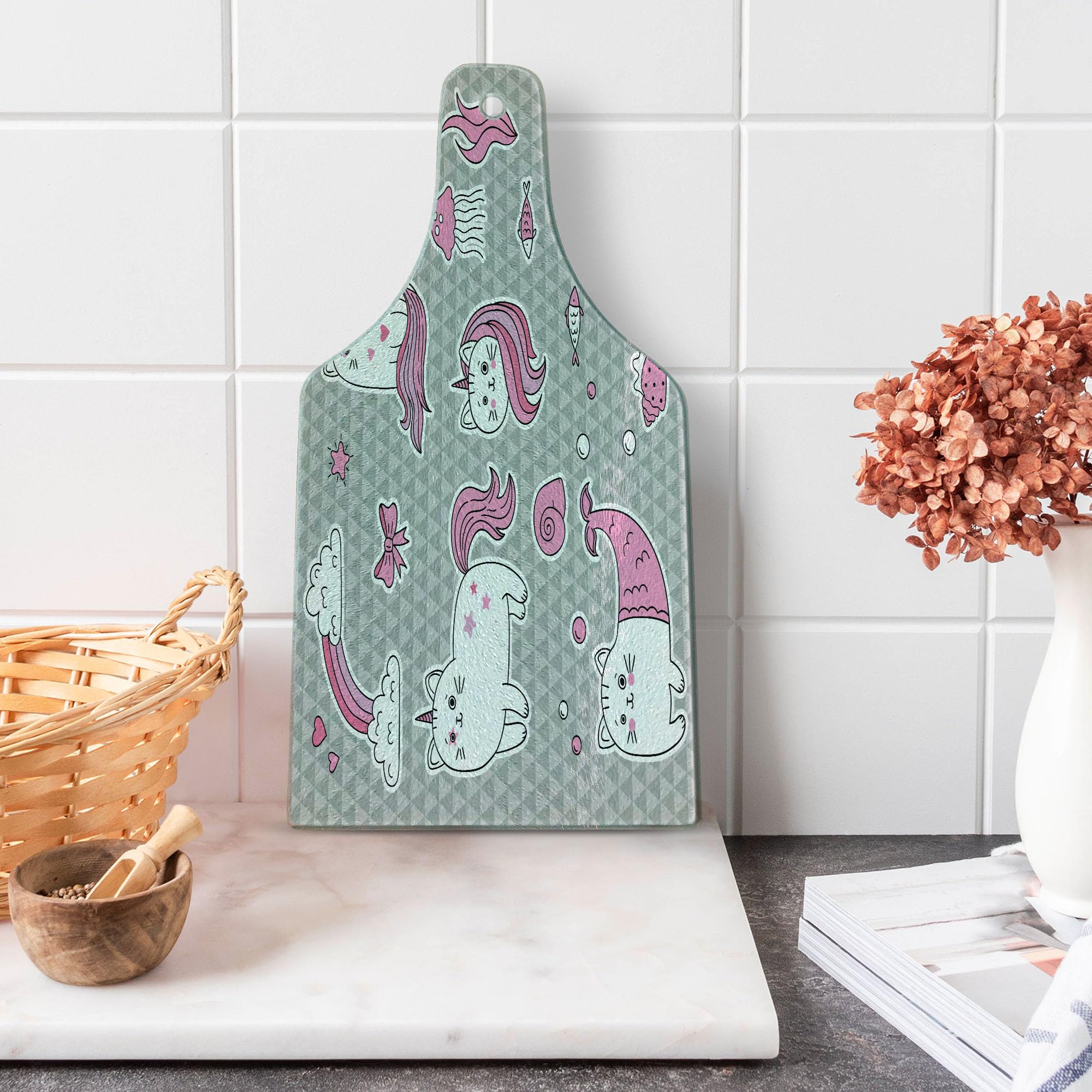 Ambesonne Unicorn Cat Cutting Board - Cute Cat, Unicorn & Mermaid Fish Design with Bubbles & Hearts Underwater Theme - Tempered Glass Serving Board for Kitchen, Cheese, Charcuterie - Wine Bottle Shape in Grey, Pale Pink & White - Perfect for Gifts, Parties & Home Decor