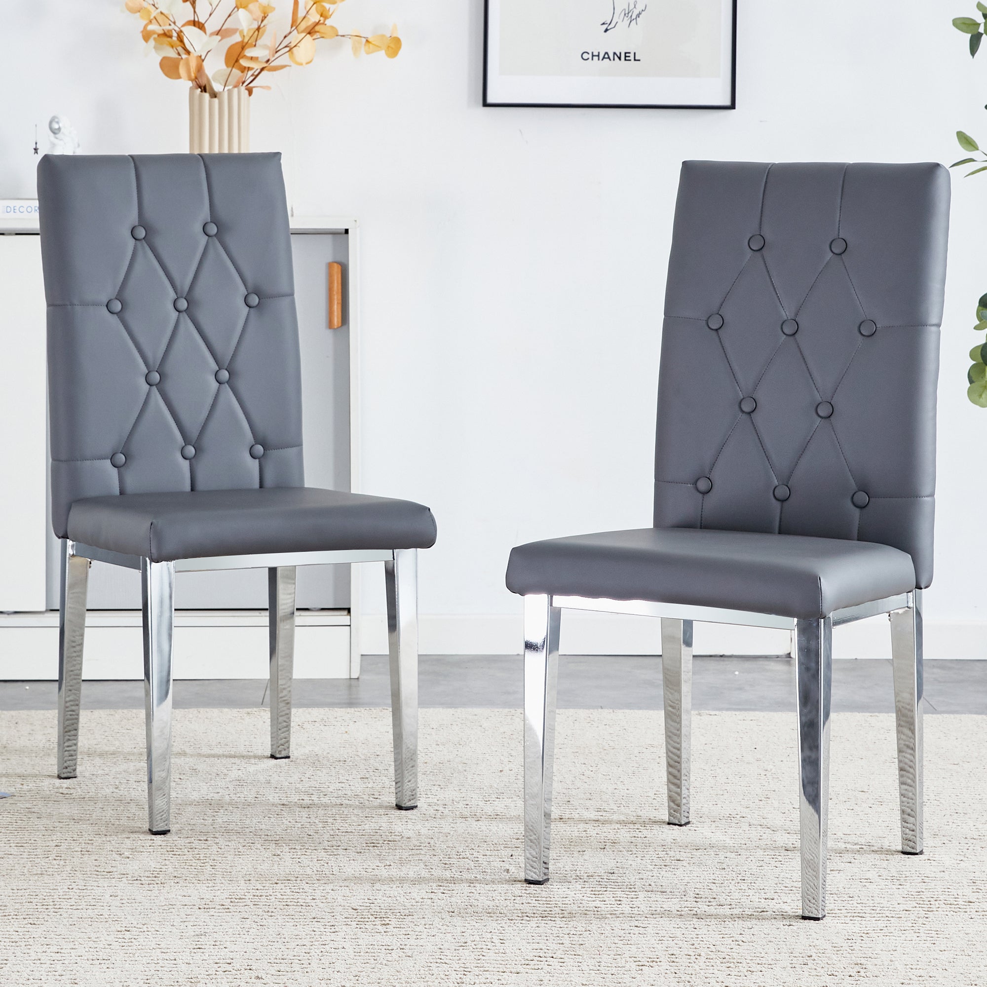 2-Piece Gray Armless Dining Chair Set - Elegant & Mysterious Deep Gray Tone with Vintage Grid & Buckle Back Design - Perfect for Modern Dining Rooms, Kitchens, and Small Spaces